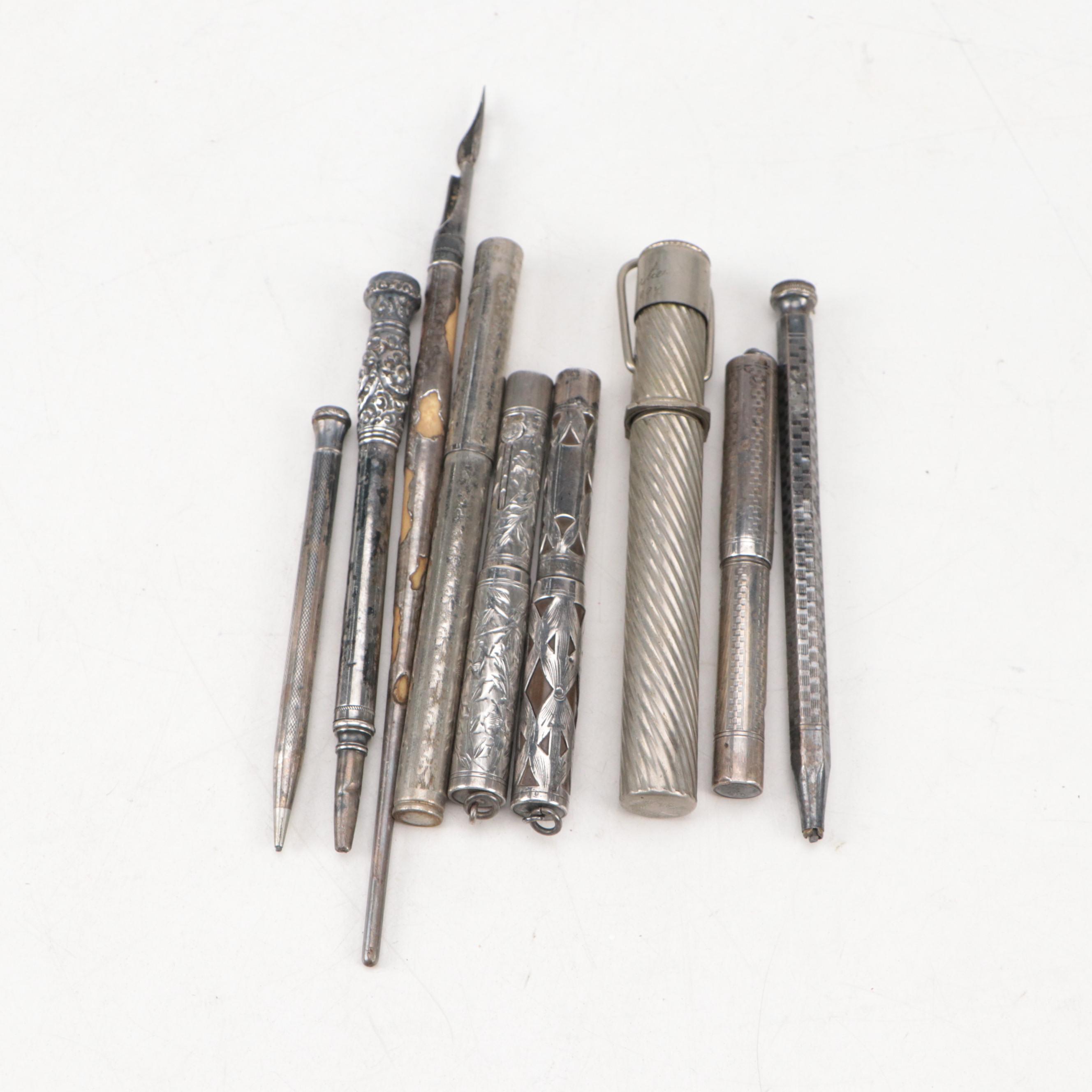 Victorian Embossed Sterling Pendant Fountain Pens with Glass and Other Pens