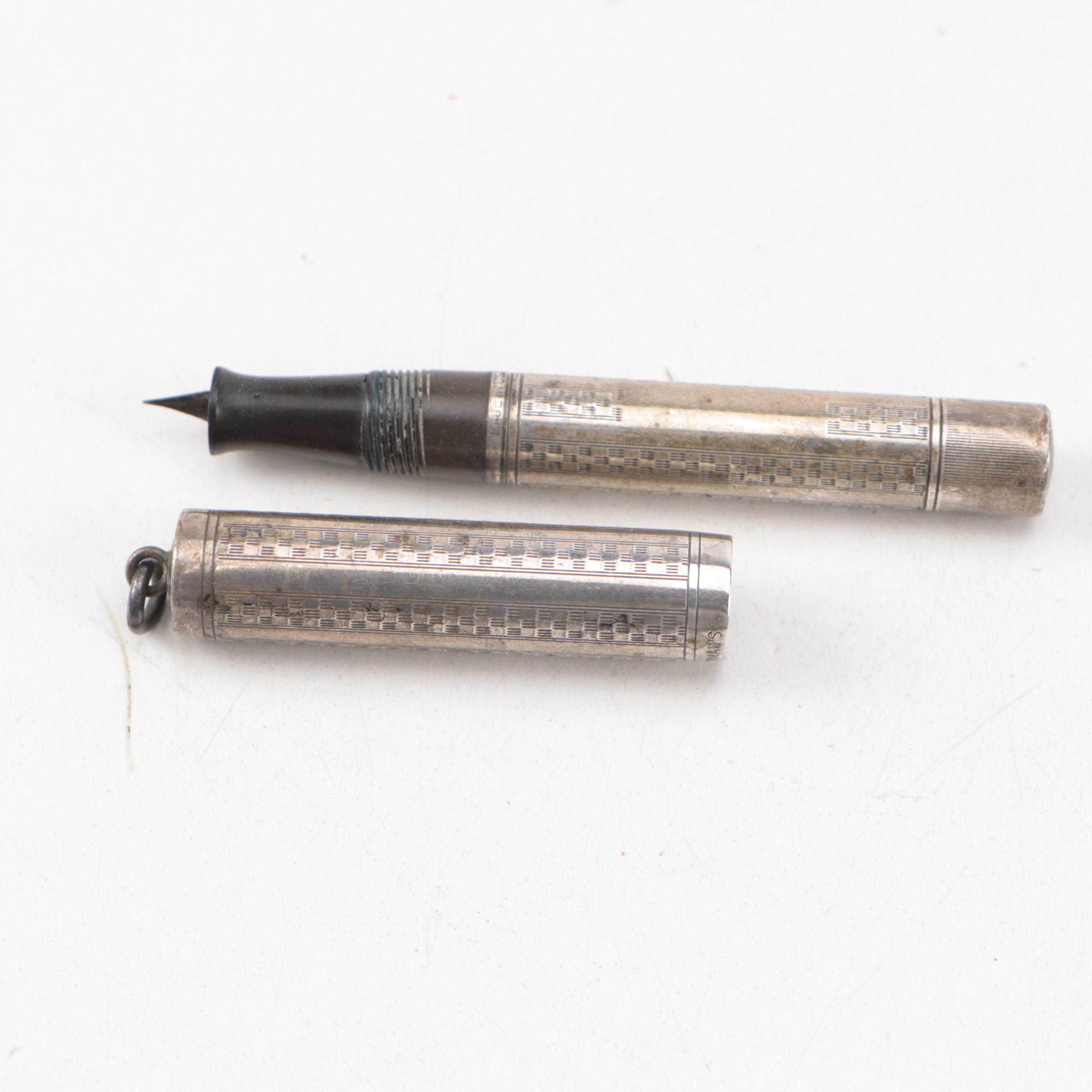 Victorian Embossed Sterling Pendant Fountain Pens with Glass and Other Pens