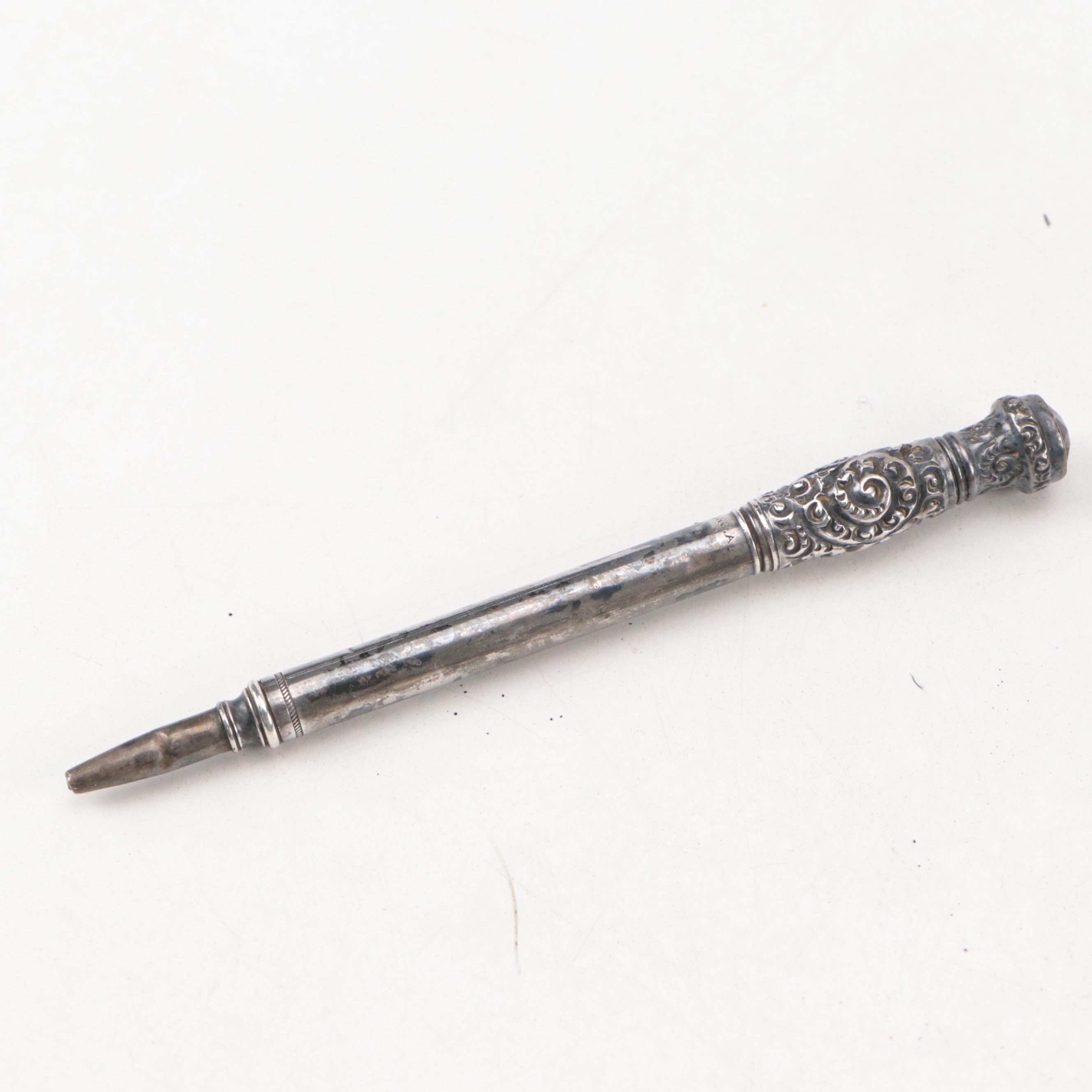 Victorian Embossed Sterling Pendant Fountain Pens with Glass and Other Pens