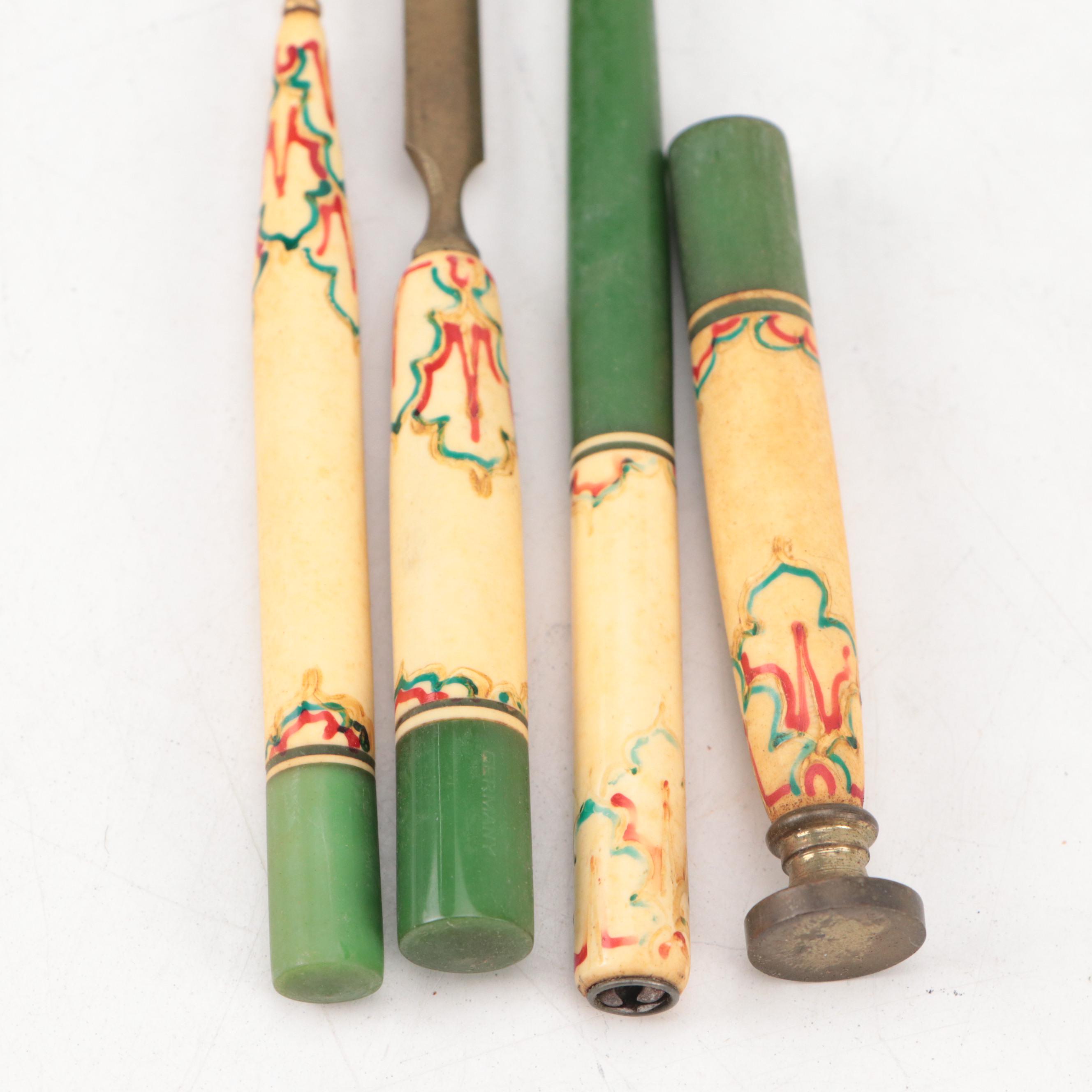 Victorian Embossed Sterling Pendant Fountain Pens with Glass and Other Pens