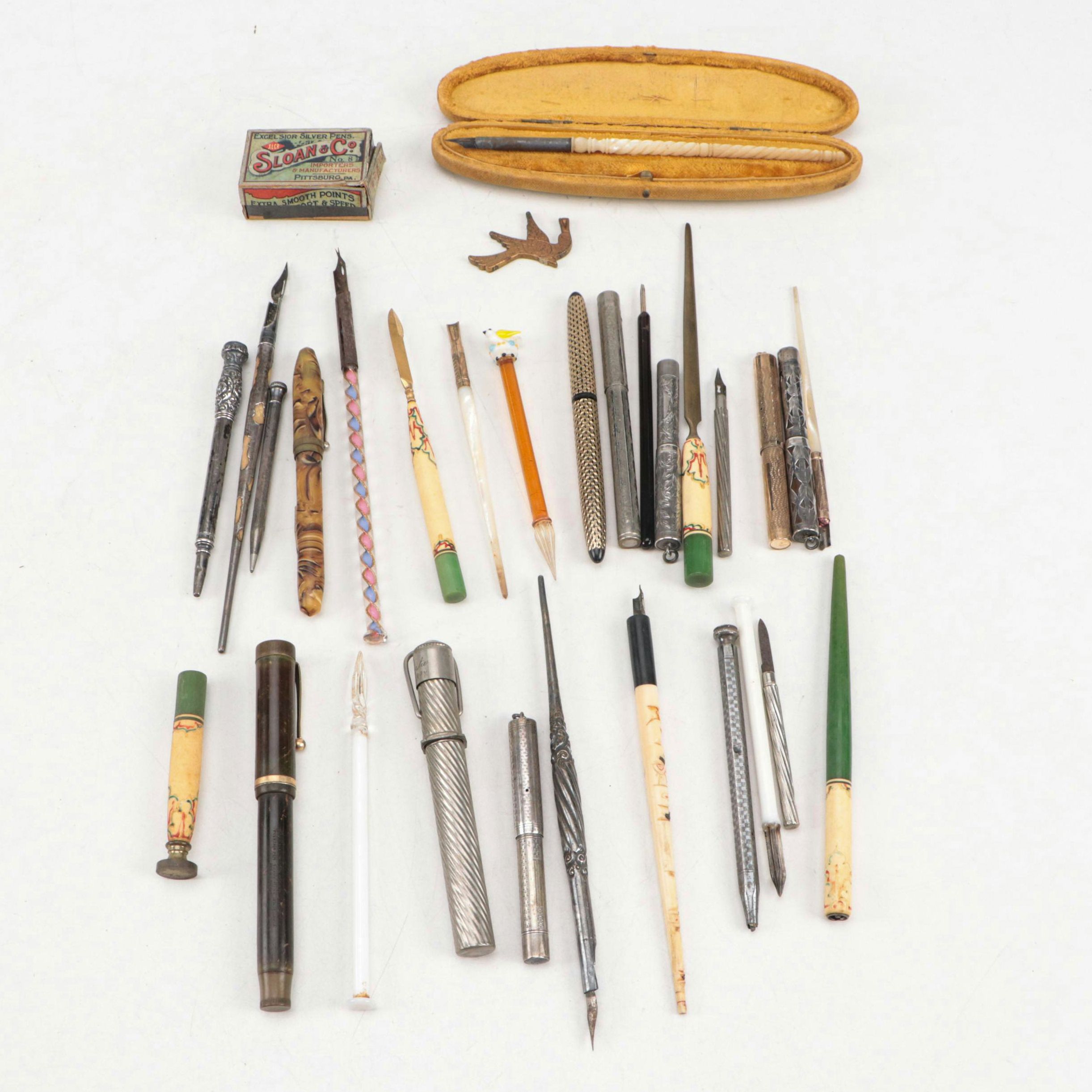 Victorian Embossed Sterling Pendant Fountain Pens with Glass and Other Pens