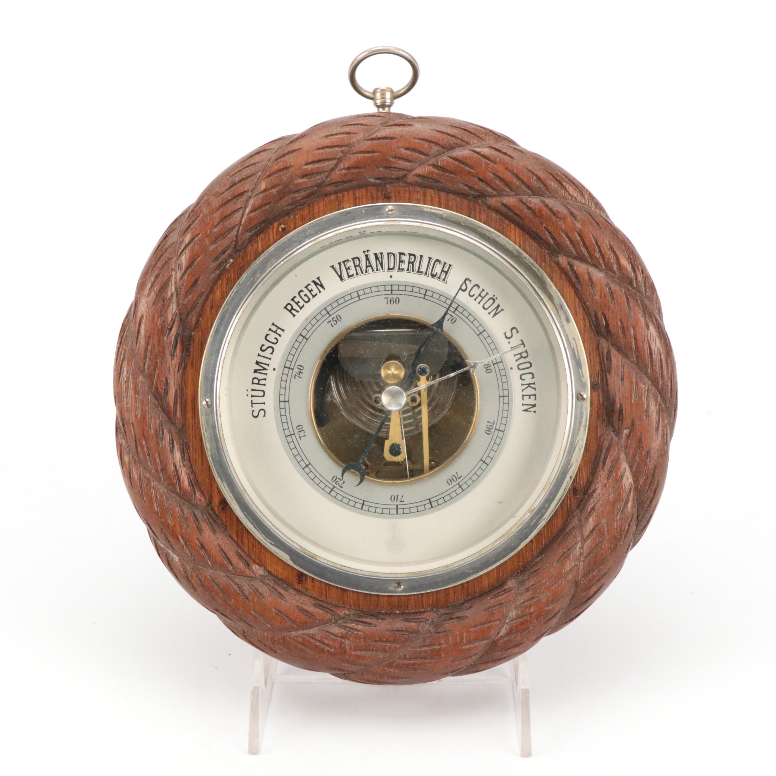 German Carved Oak Wall Mount Barometer