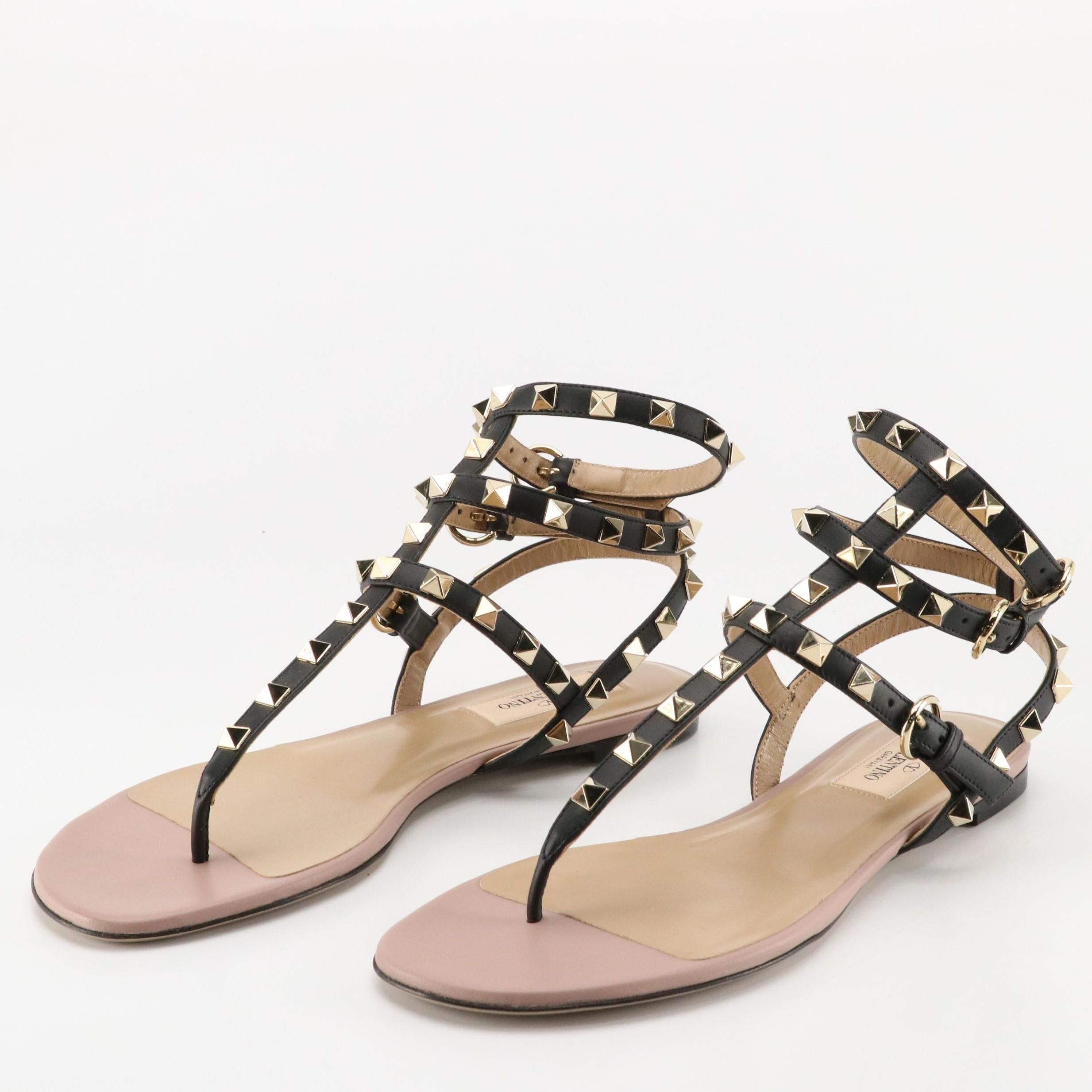 Valentino Garavani Black Rockstud Leather Gladiator Sandals in Box