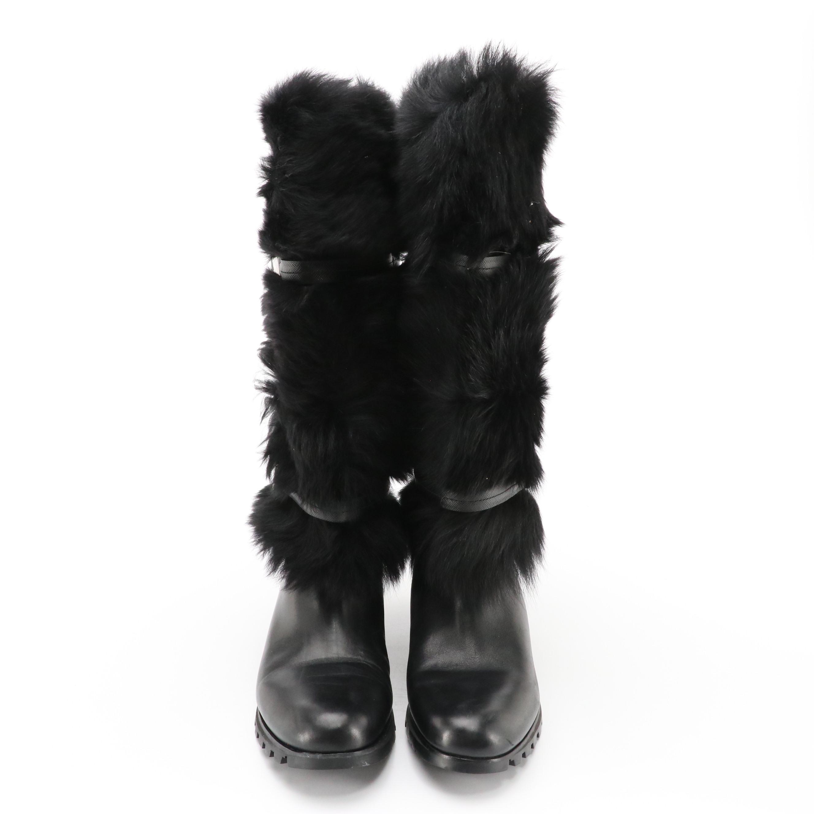 Prada Sport Black Faux Fur and Leather Tall Snow Boots in Box