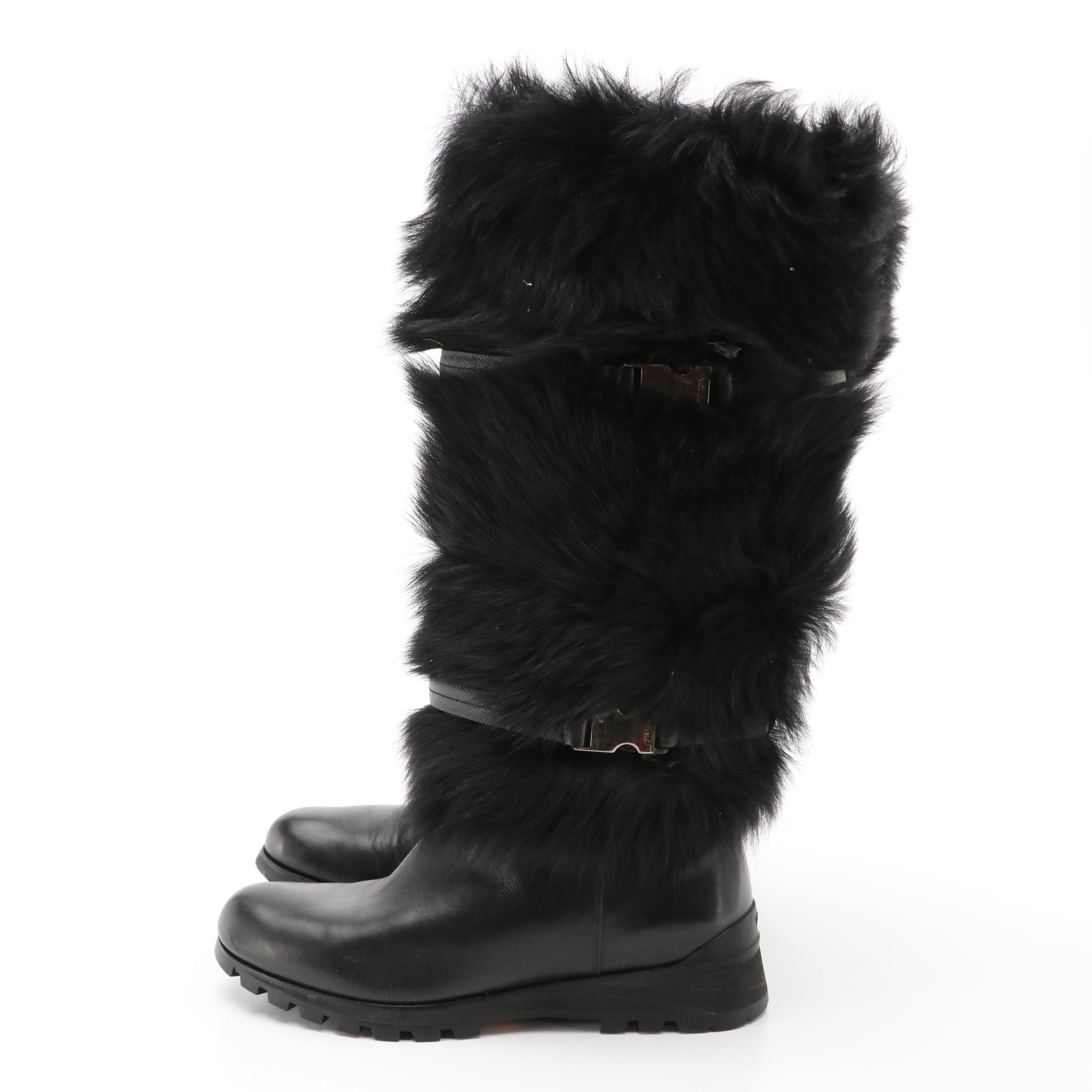 Prada Sport Black Faux Fur and Leather Tall Snow Boots in Box