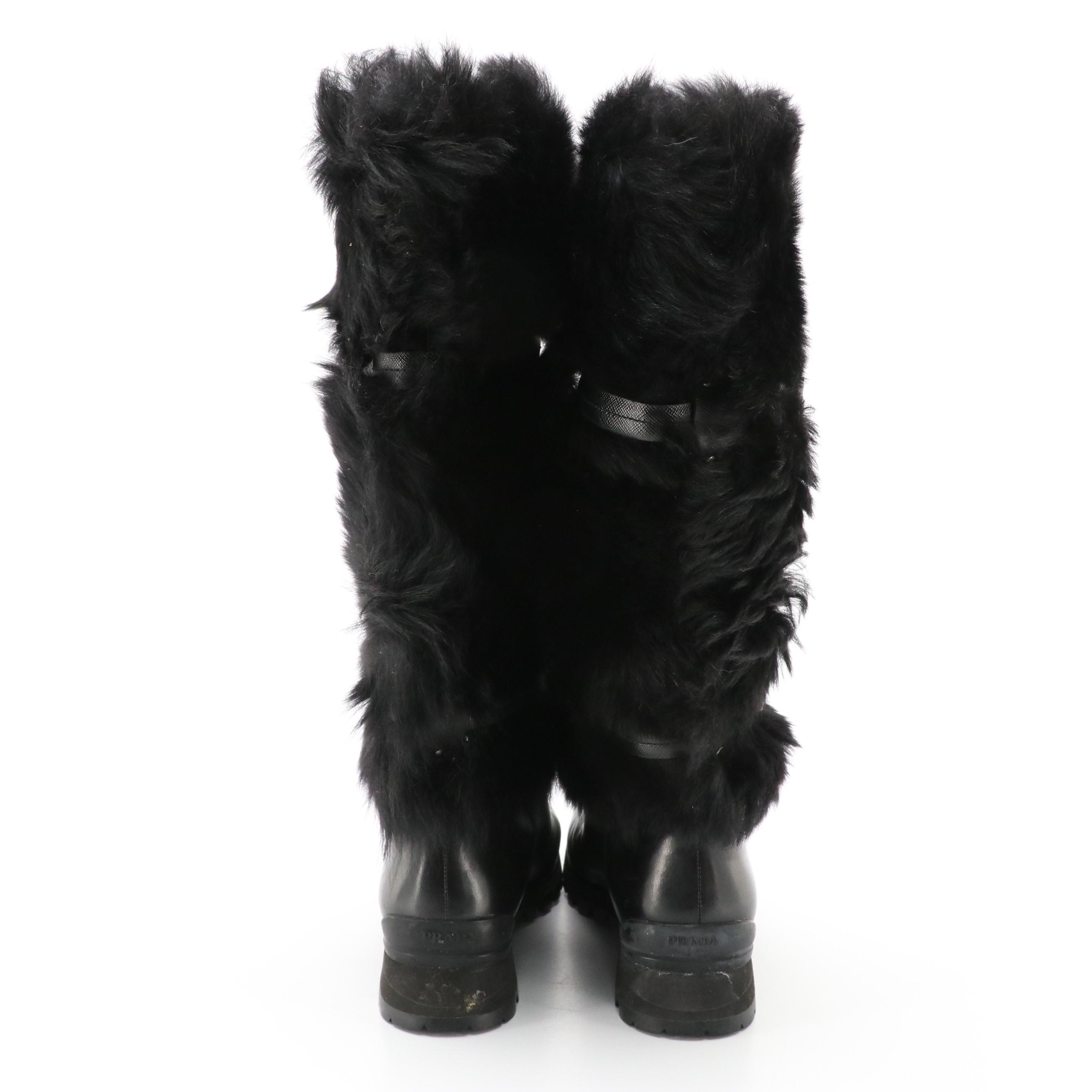 Prada Sport Black Faux Fur and Leather Tall Snow Boots in Box