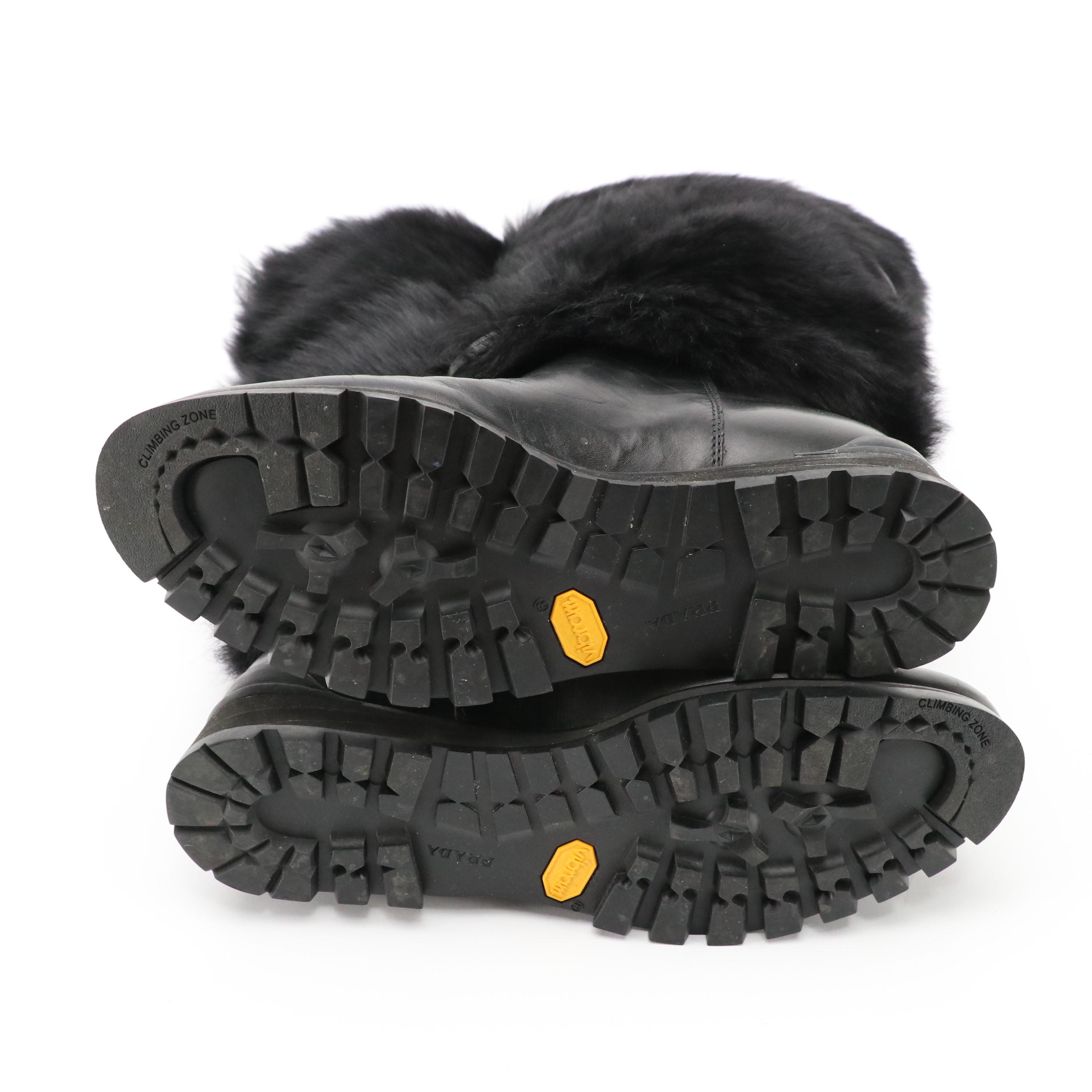 Prada Sport Black Faux Fur and Leather Tall Snow Boots in Box