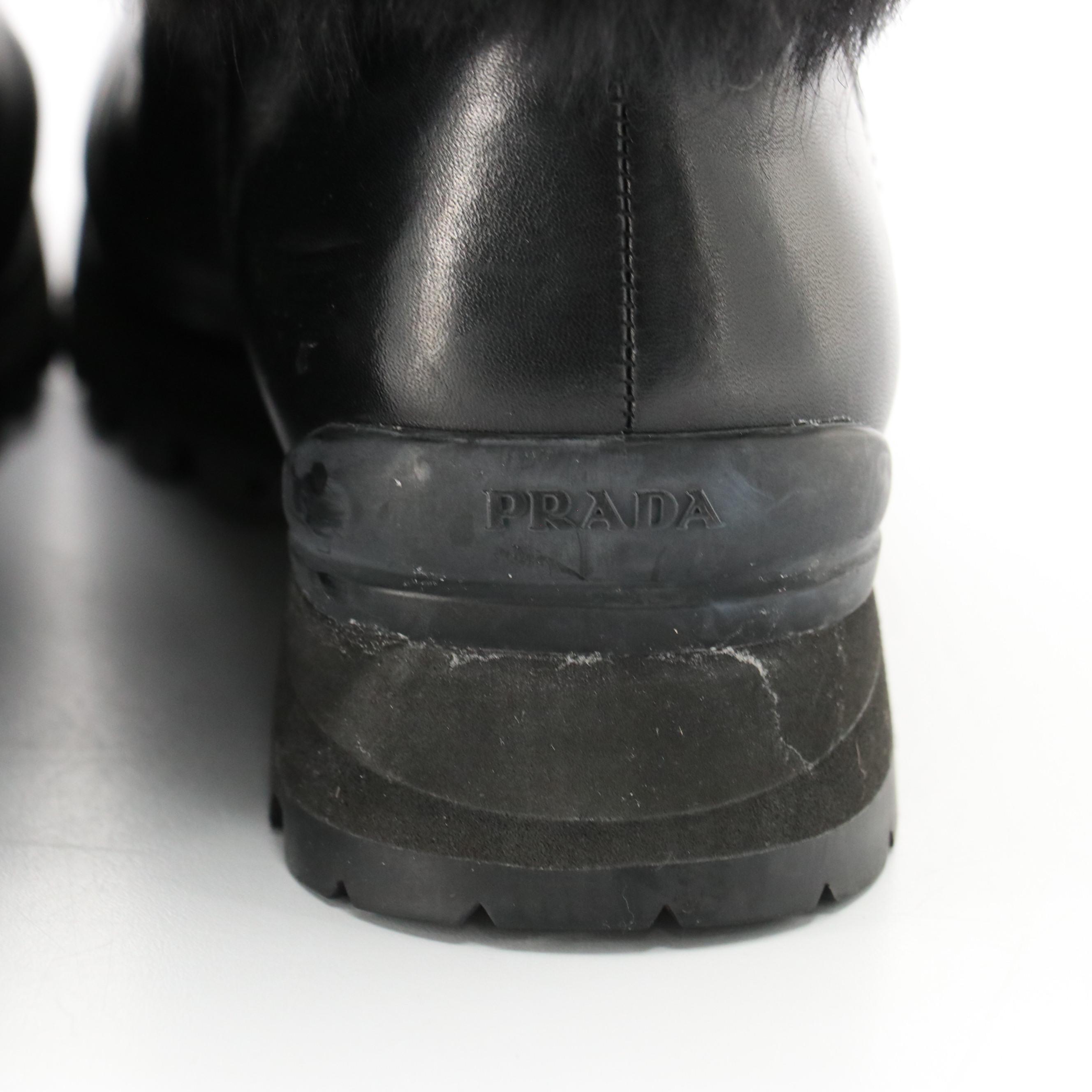 Prada Sport Black Faux Fur and Leather Tall Snow Boots in Box