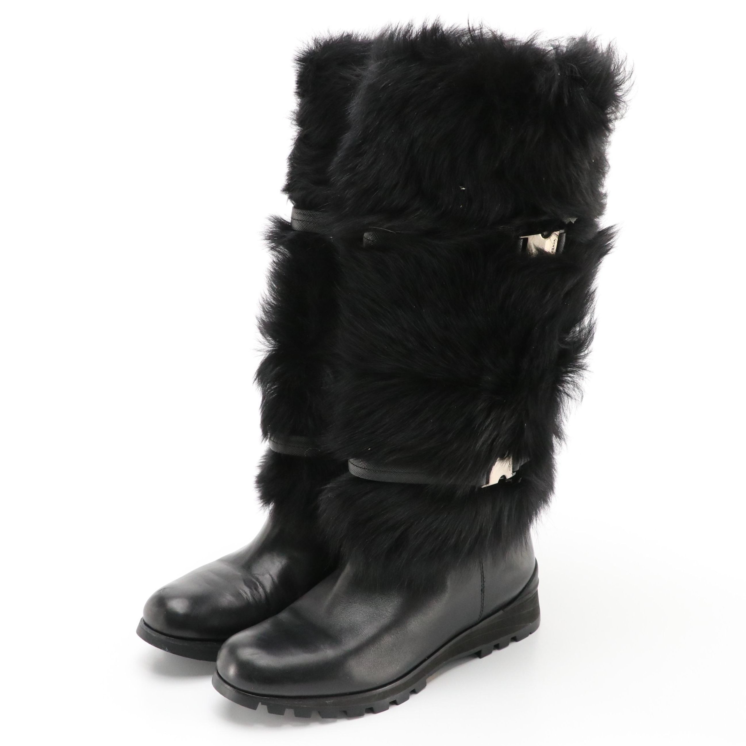 Prada Sport Black Faux Fur and Leather Tall Snow Boots in Box