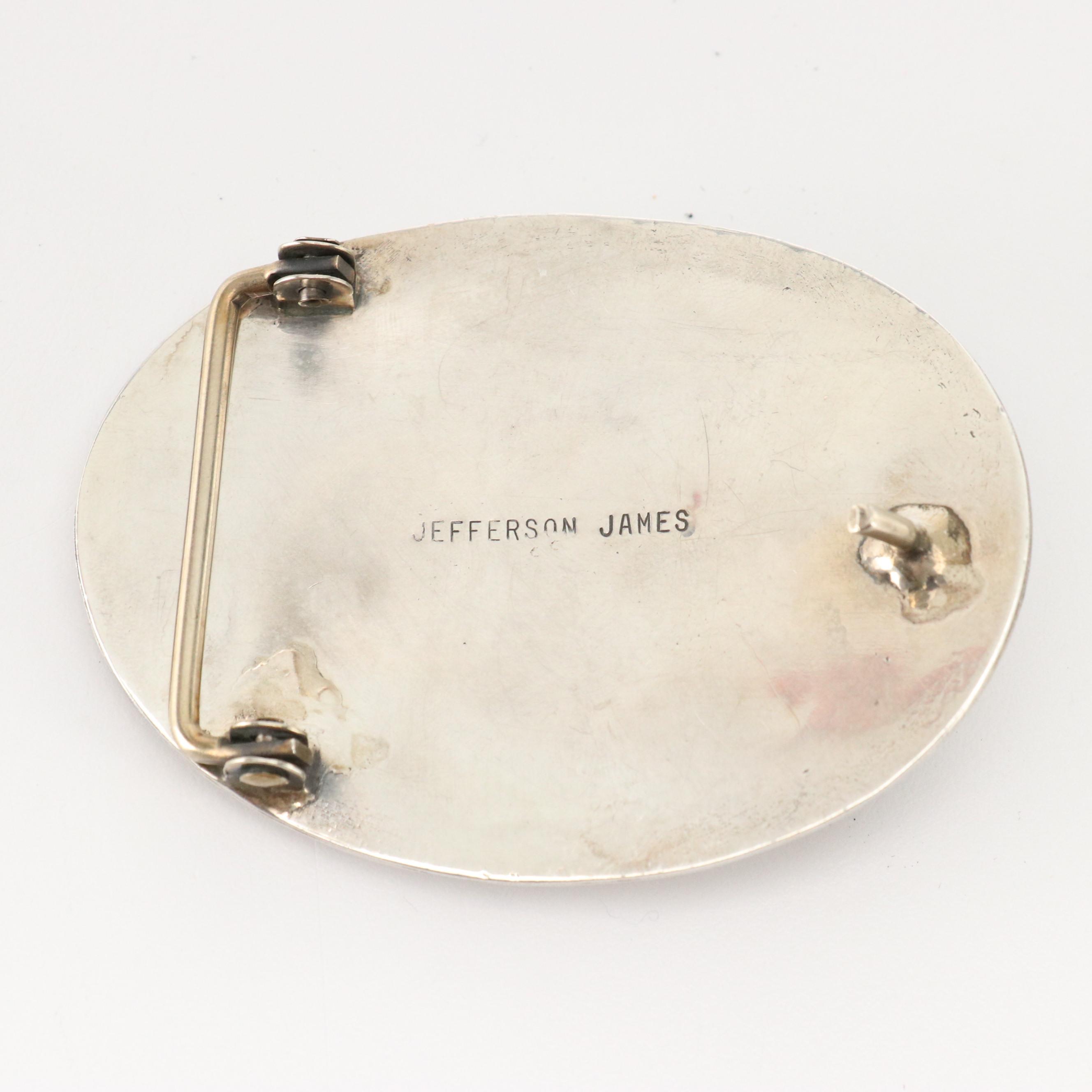 Jefferson James Signed Silver-Tone Turquoise Feather Belt Buckle