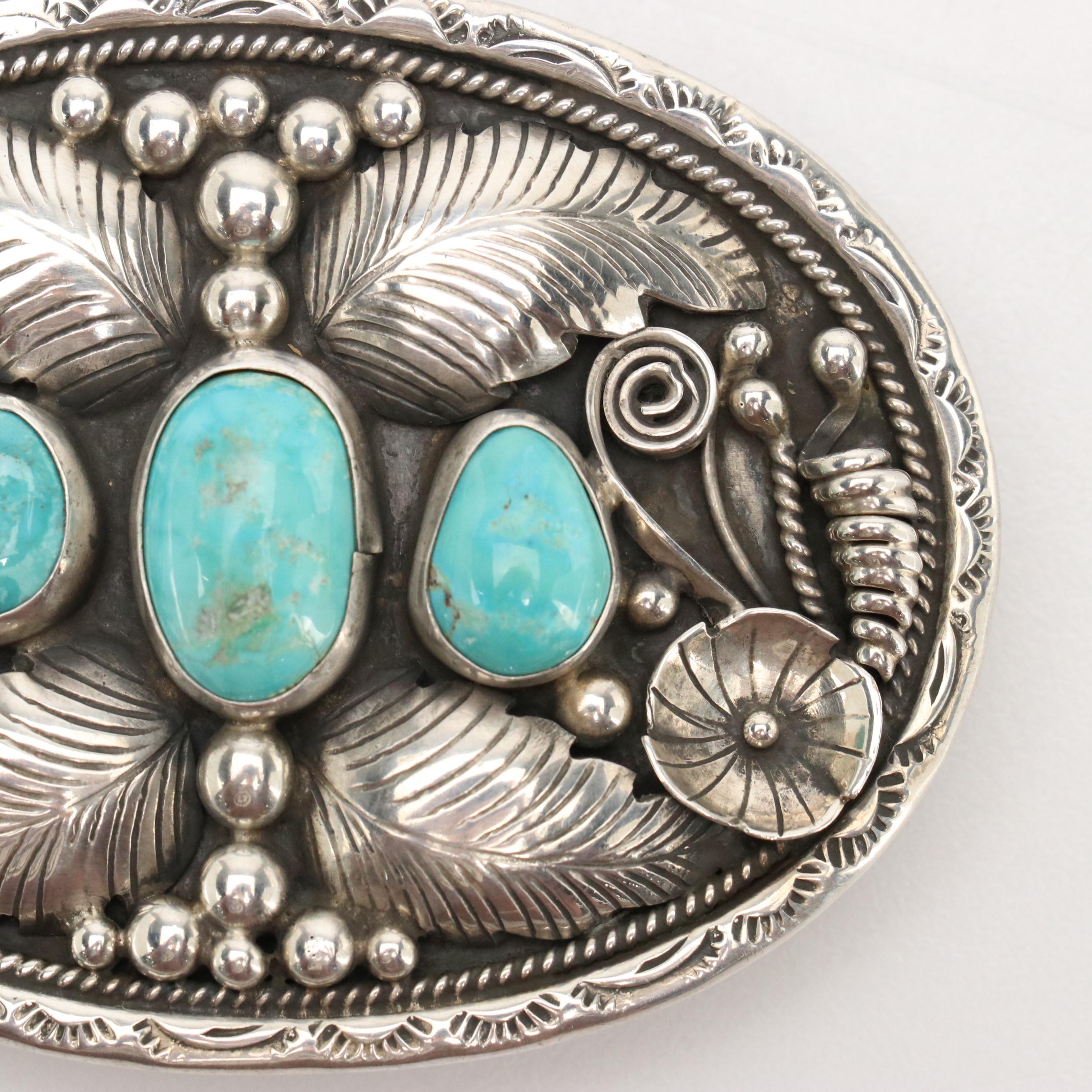 Jefferson James Signed Silver-Tone Turquoise Feather Belt Buckle