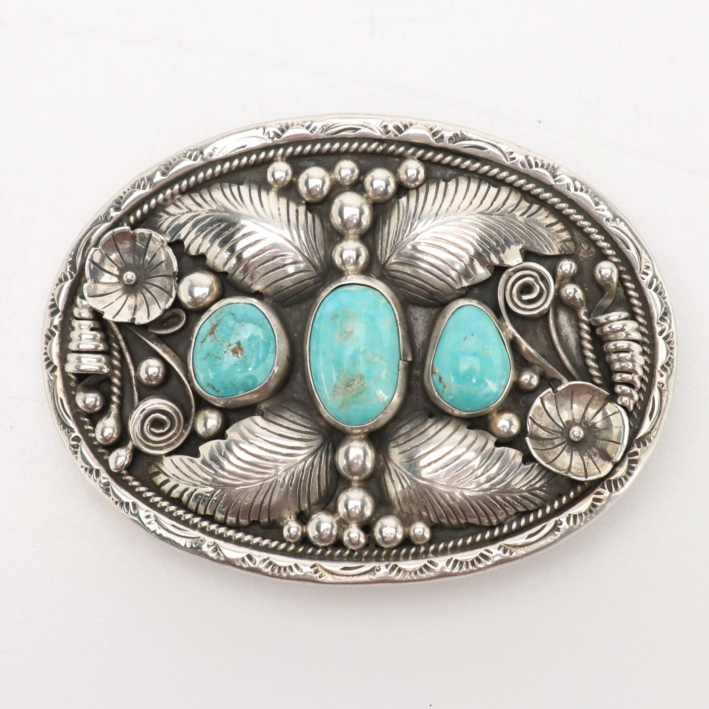 Jefferson James Signed Silver-Tone Turquoise Feather Belt Buckle