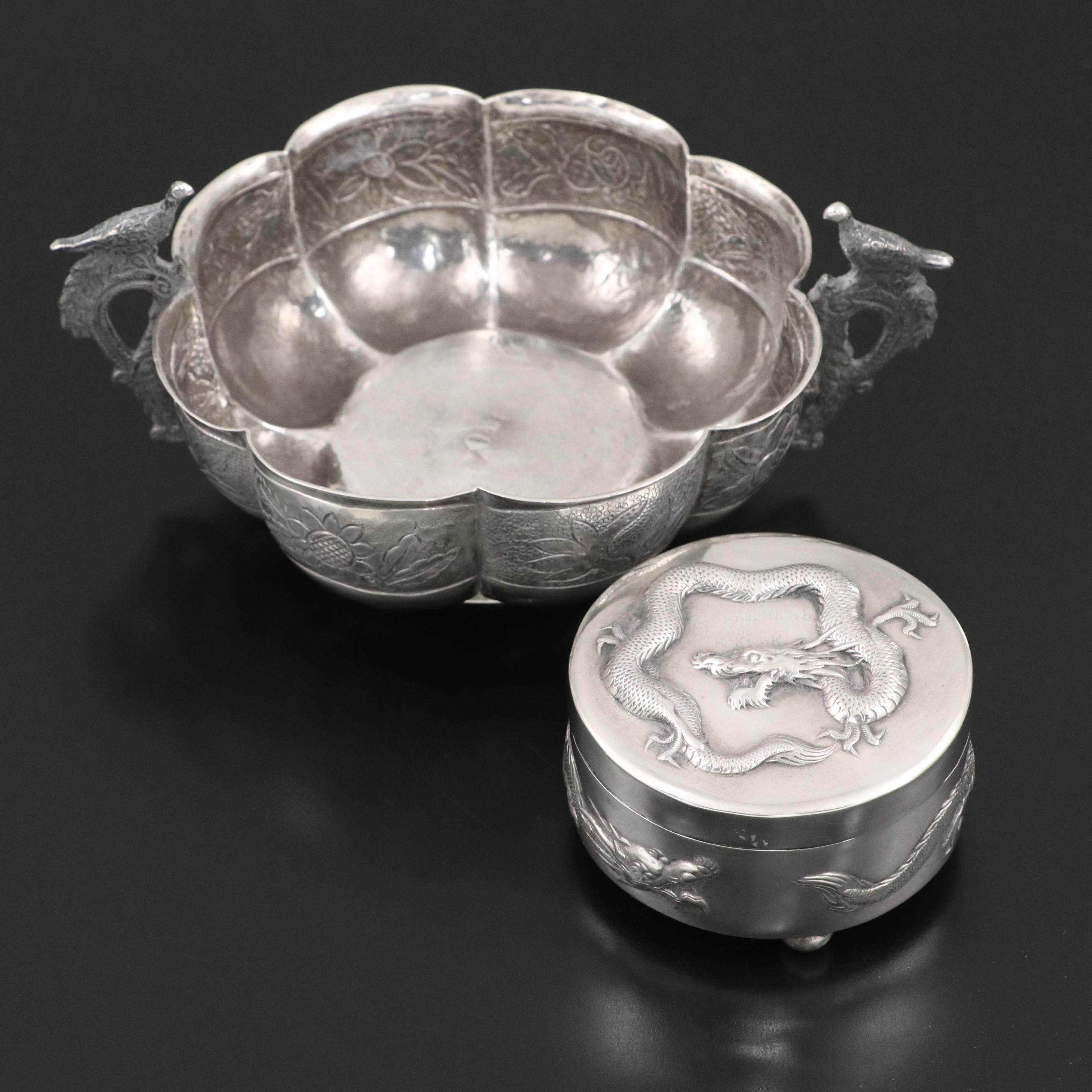 Chinese Export Sterling Silver Lidded Box with Mexican Decorative Footed Bowl