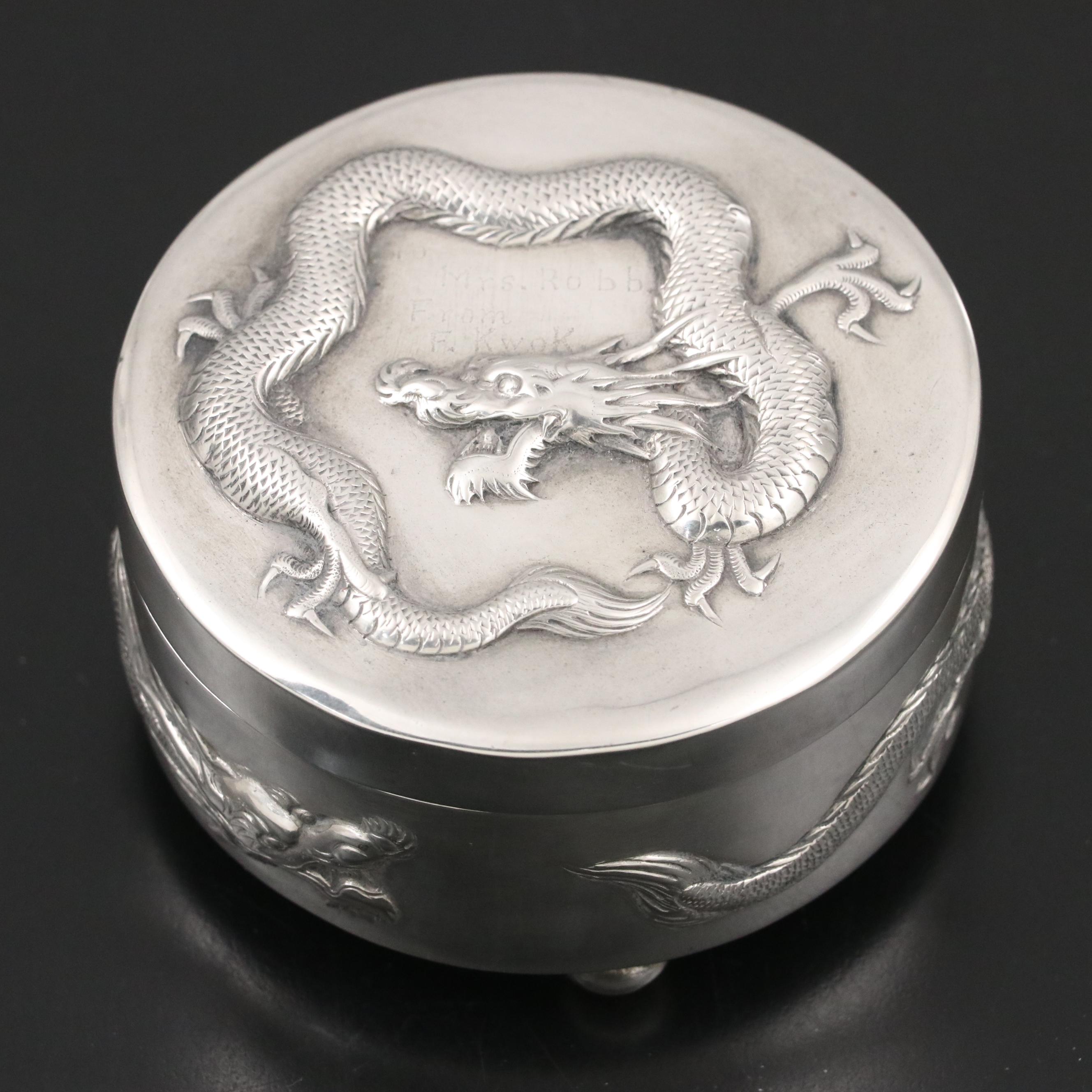 Chinese Export Sterling Silver Lidded Box with Mexican Decorative Footed Bowl
