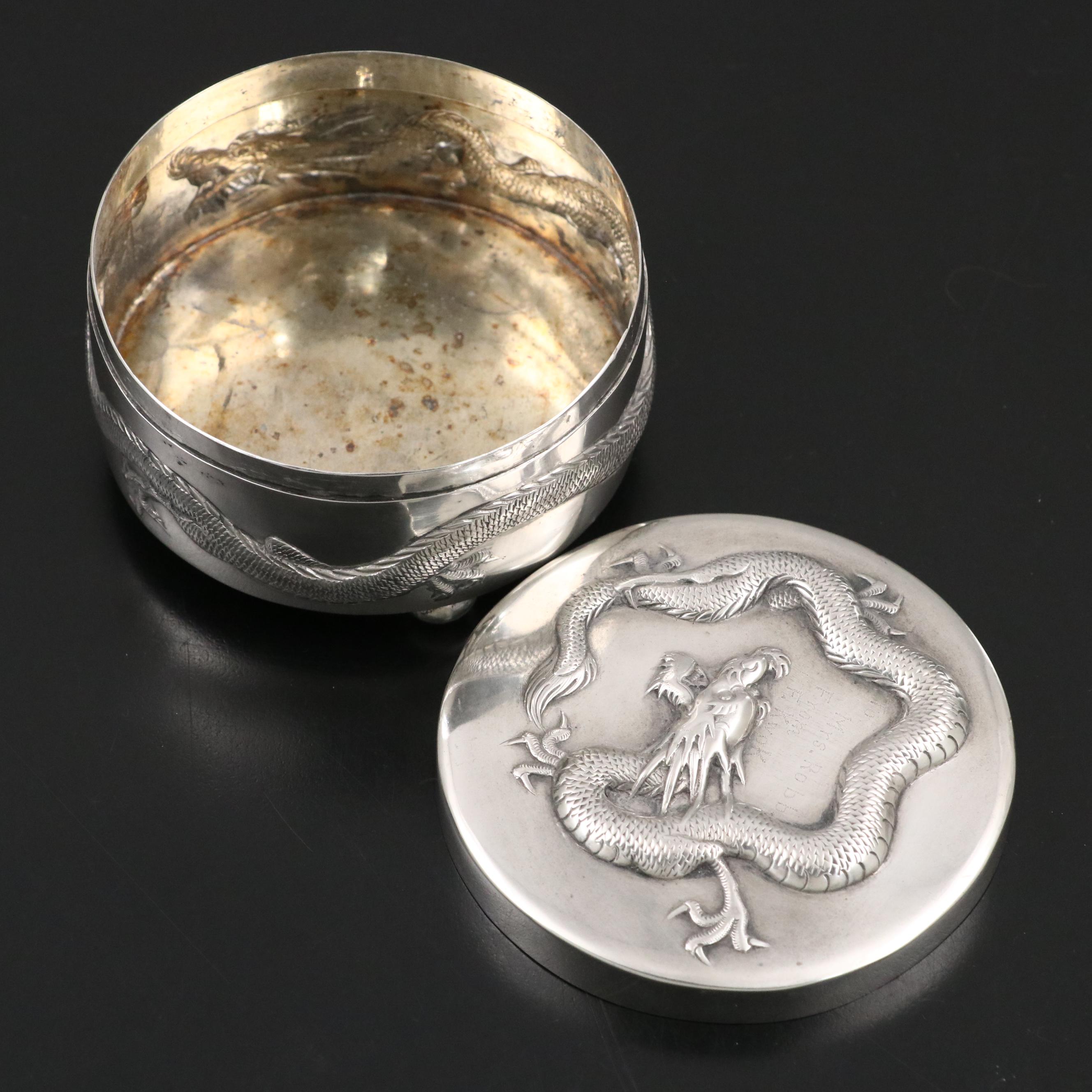 Chinese Export Sterling Silver Lidded Box with Mexican Decorative Footed Bowl