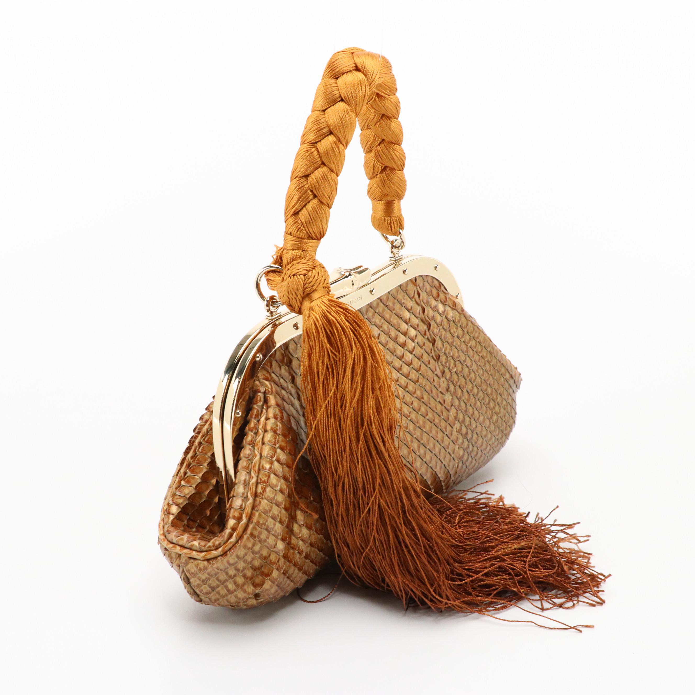 Gucci Metallic Snakeskin Metal Frame Clutch with Braided Handle and Tassel
