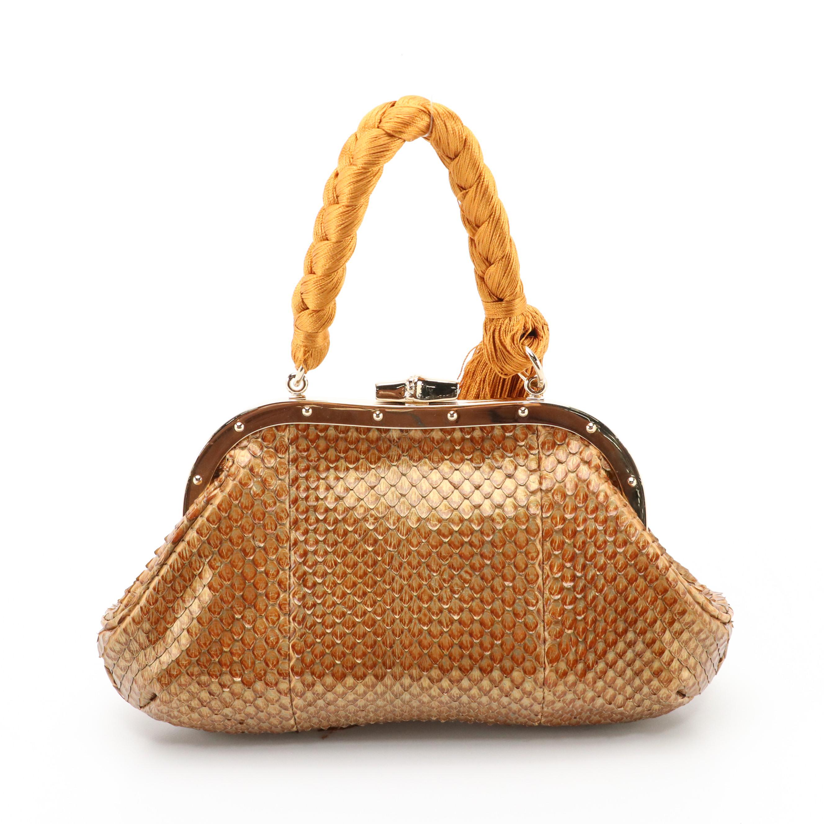 Gucci Metallic Snakeskin Metal Frame Clutch with Braided Handle and Tassel