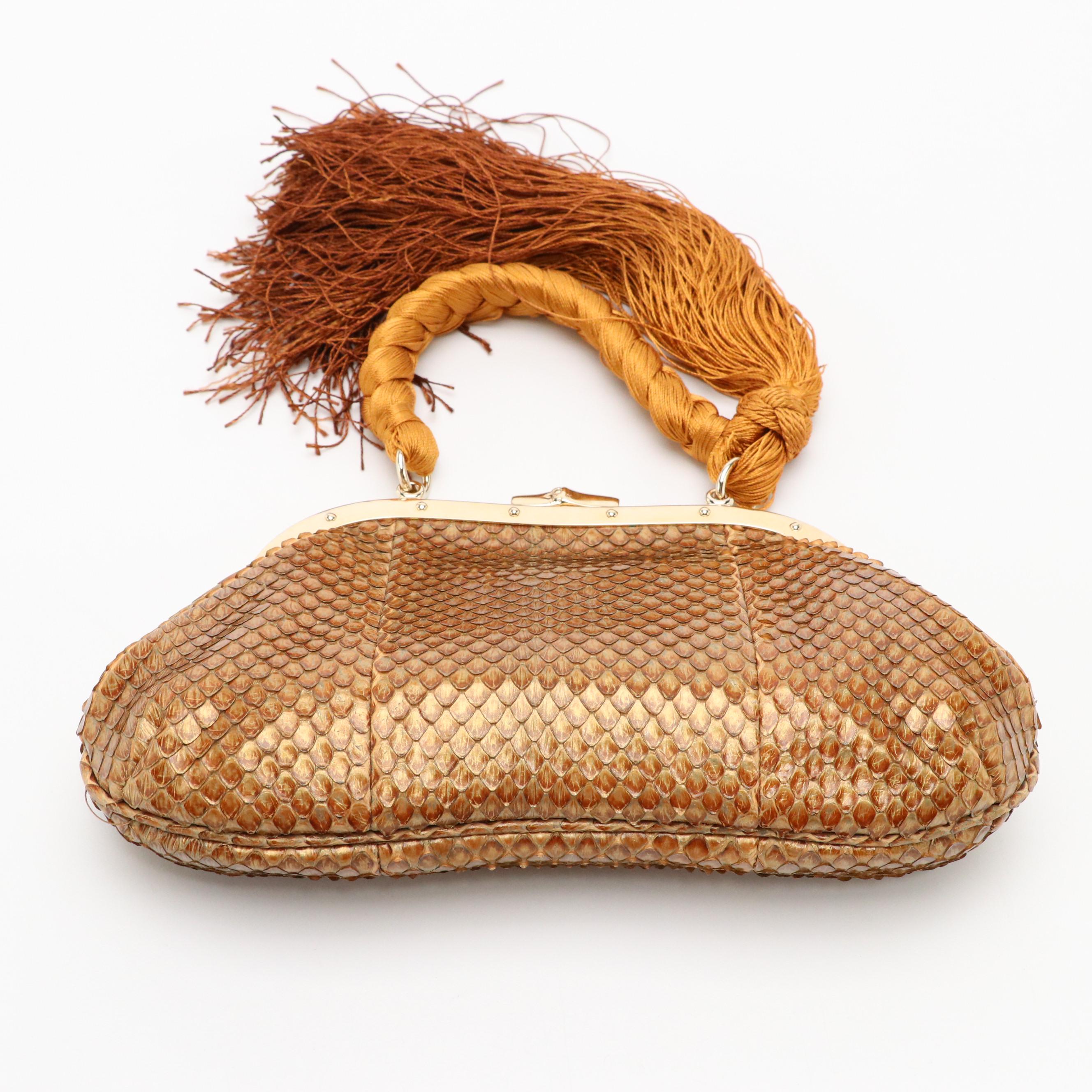 Gucci Metallic Snakeskin Metal Frame Clutch with Braided Handle and Tassel