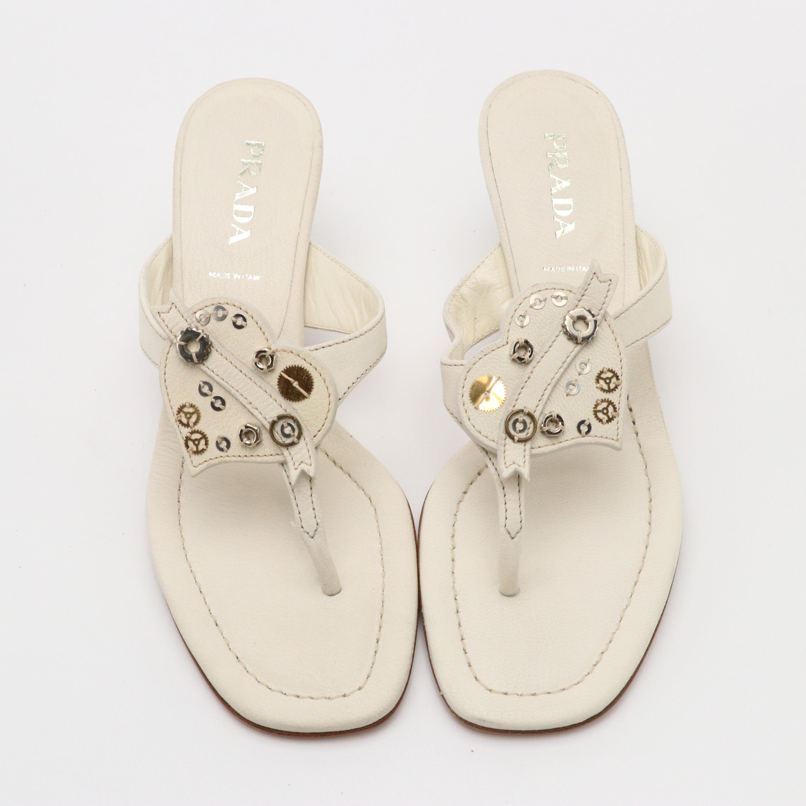 Prada Embellished Heart Leather Thong Sandals with Box