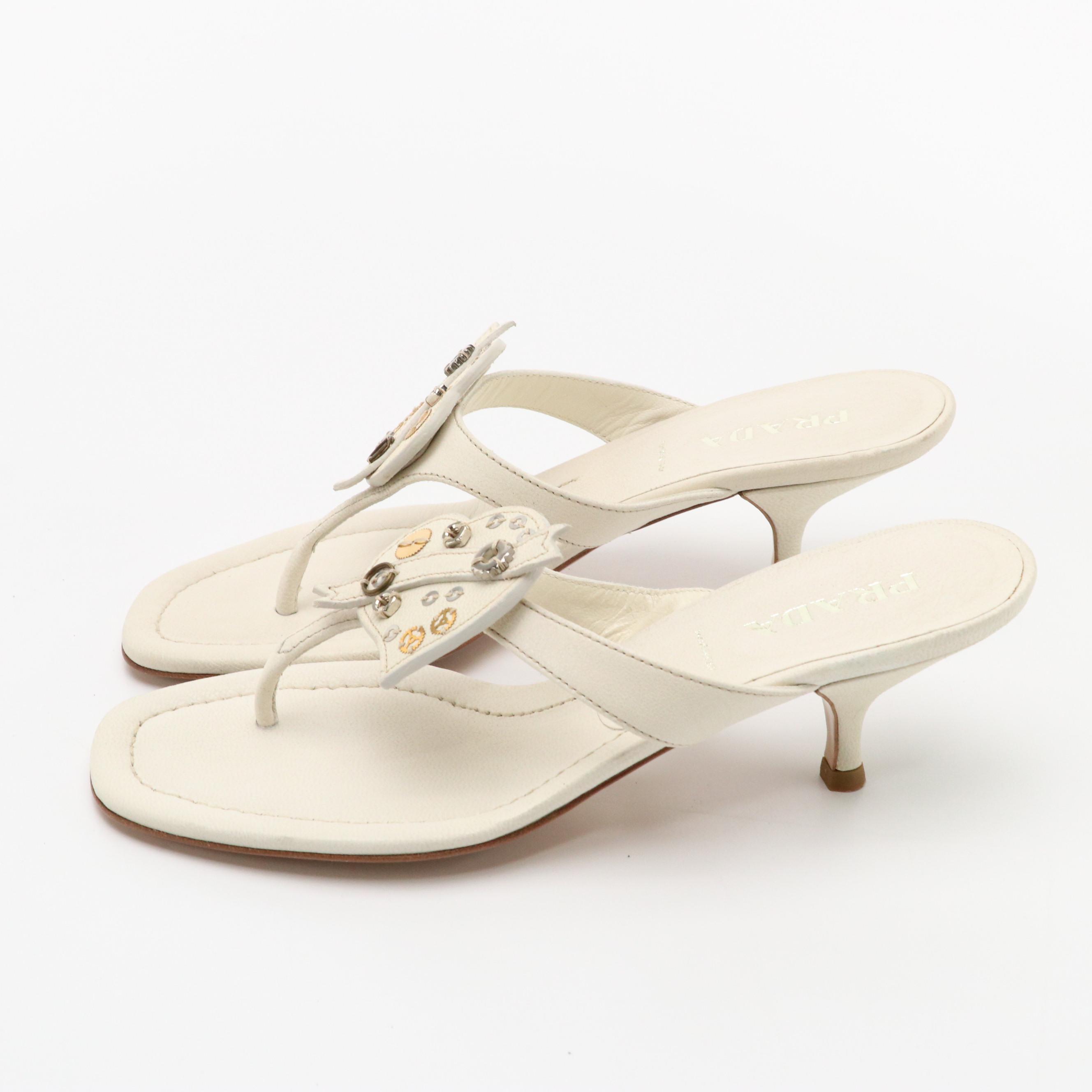 Prada Embellished Heart Leather Thong Sandals with Box