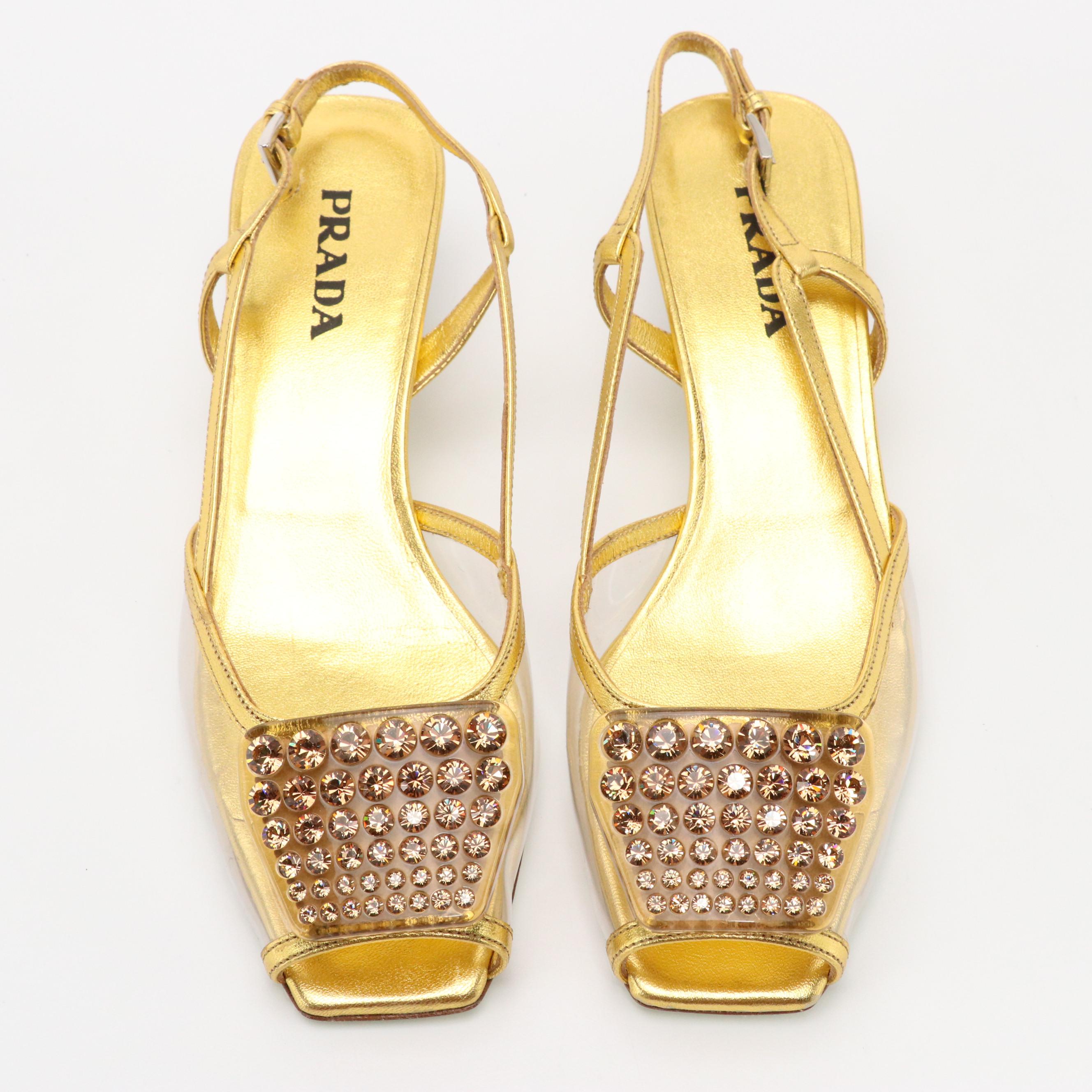 Prada Crystal Embellished Gold Metallic Leather and Vinyl Slingbacks with Box