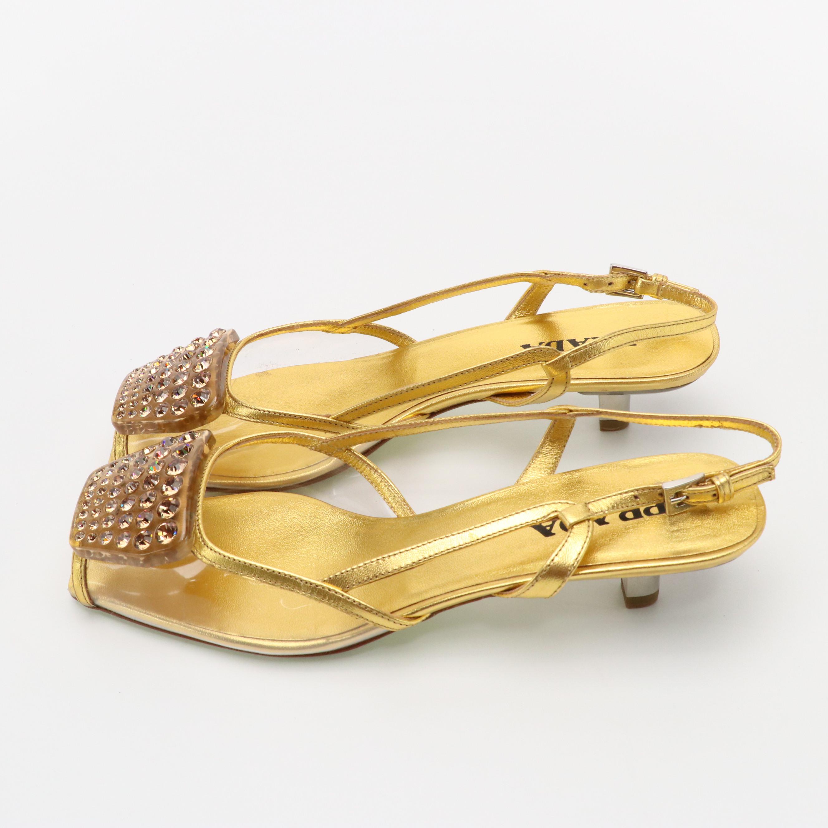 Prada Crystal Embellished Gold Metallic Leather and Vinyl Slingbacks with Box