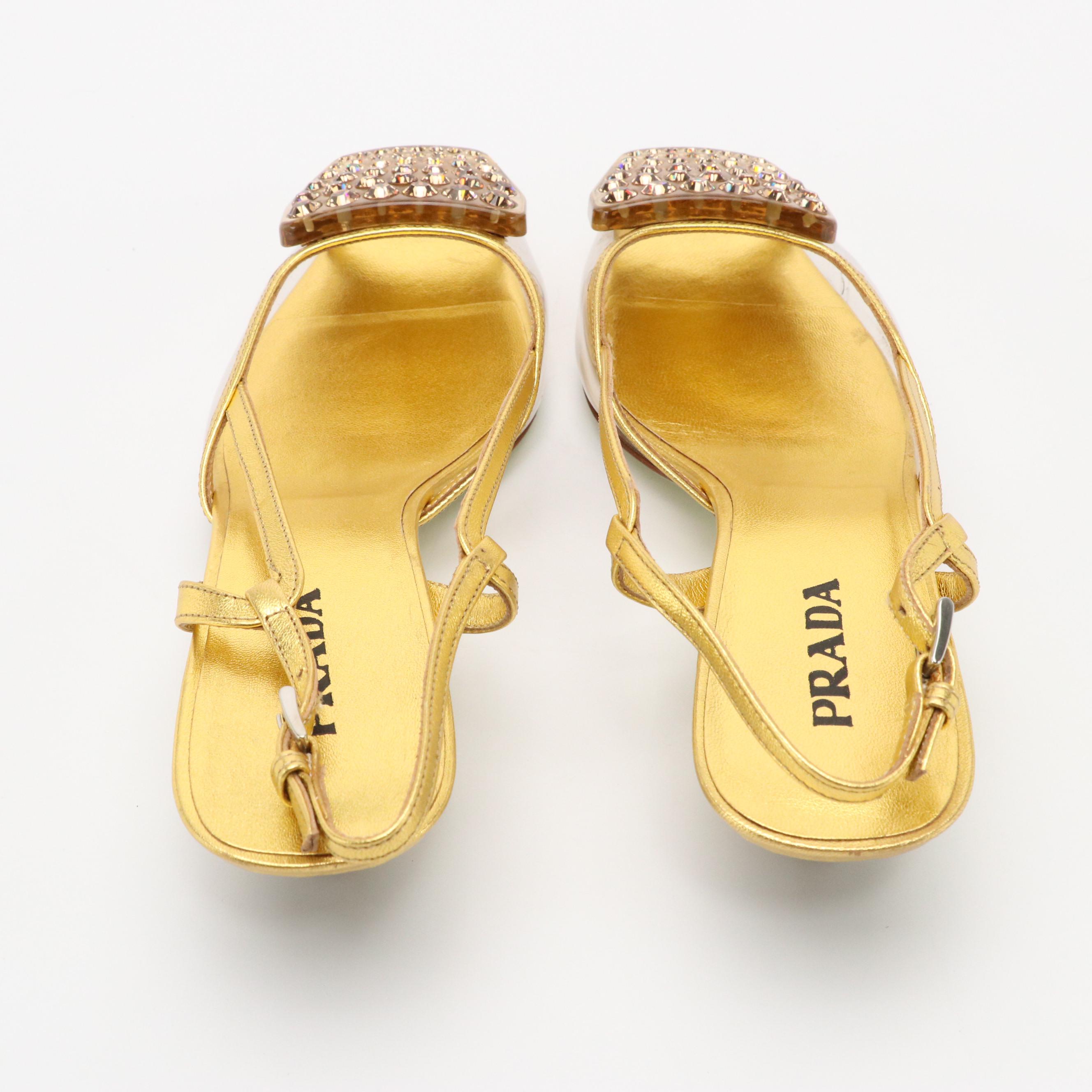 Prada Crystal Embellished Gold Metallic Leather and Vinyl Slingbacks with Box