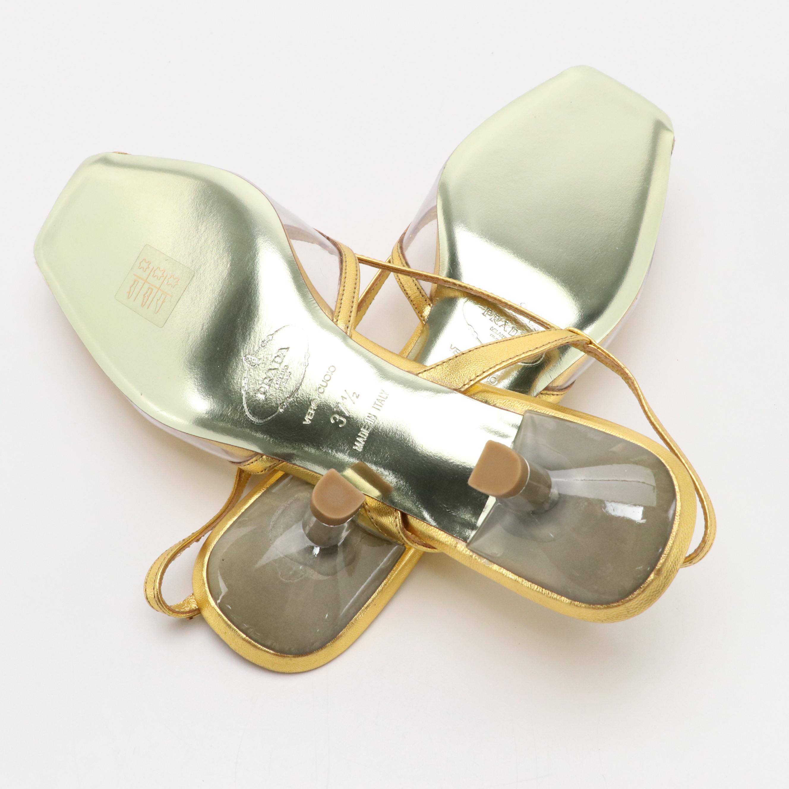 Prada Crystal Embellished Gold Metallic Leather and Vinyl Slingbacks with Box