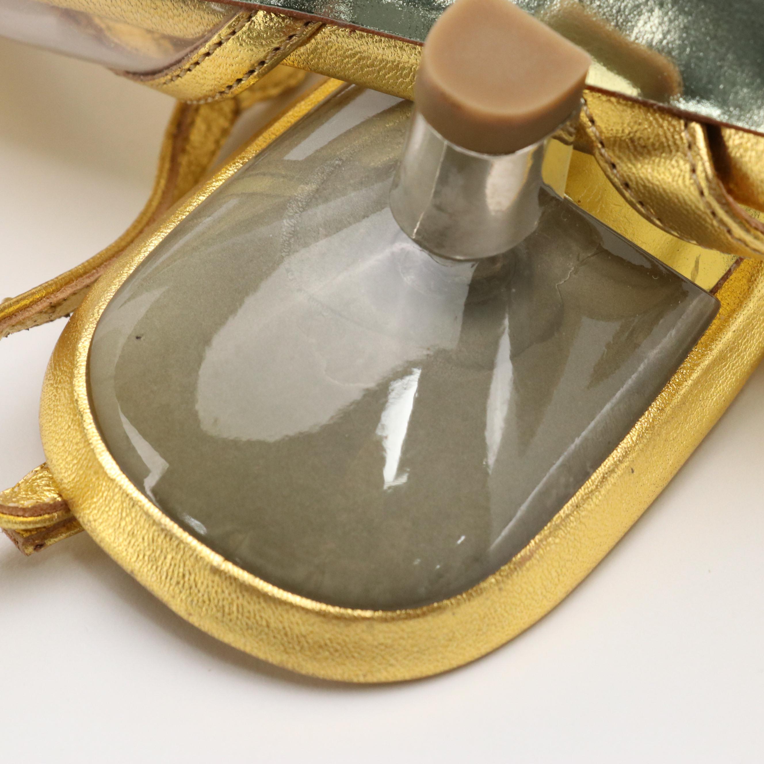 Prada Crystal Embellished Gold Metallic Leather and Vinyl Slingbacks with Box