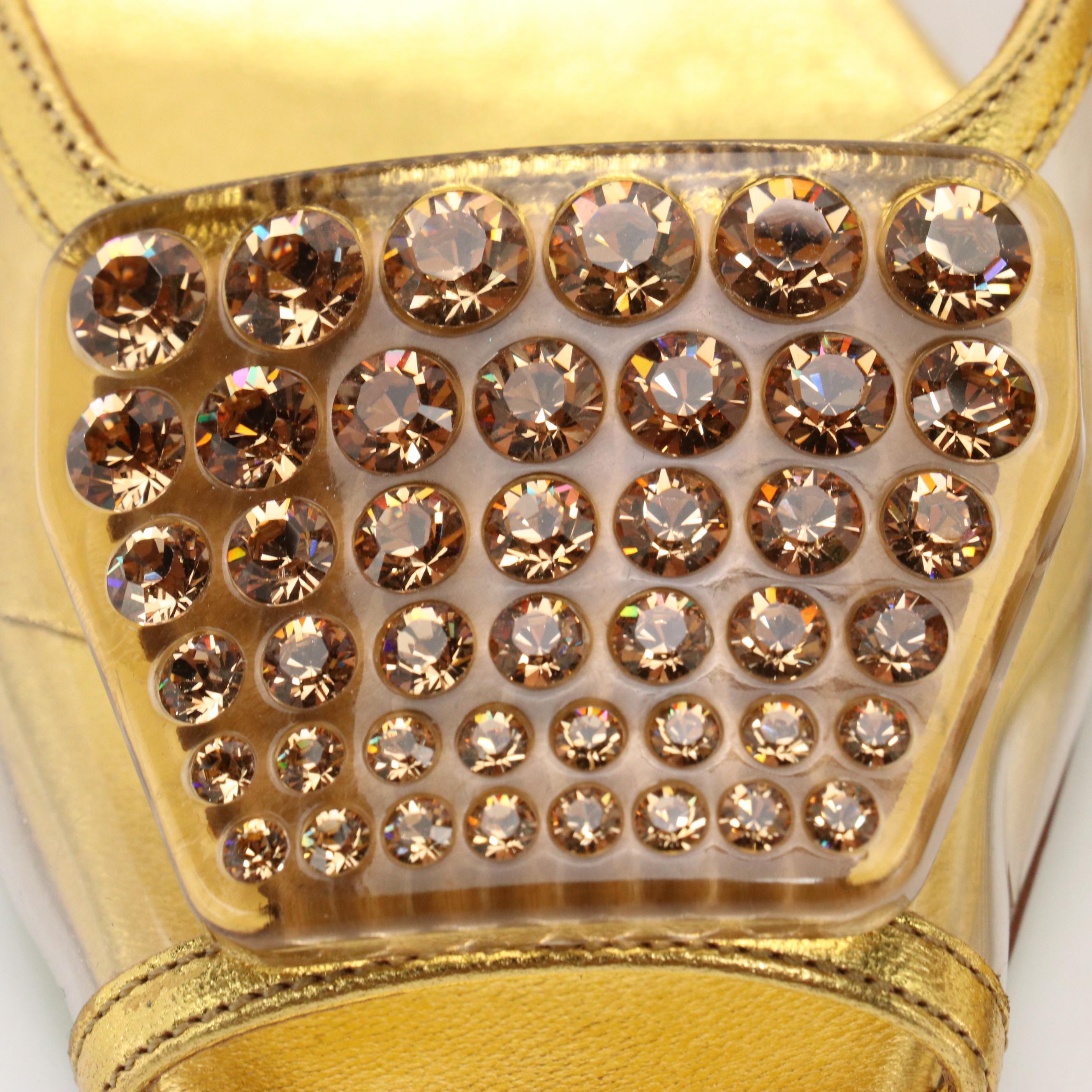 Prada Crystal Embellished Gold Metallic Leather and Vinyl Slingbacks with Box