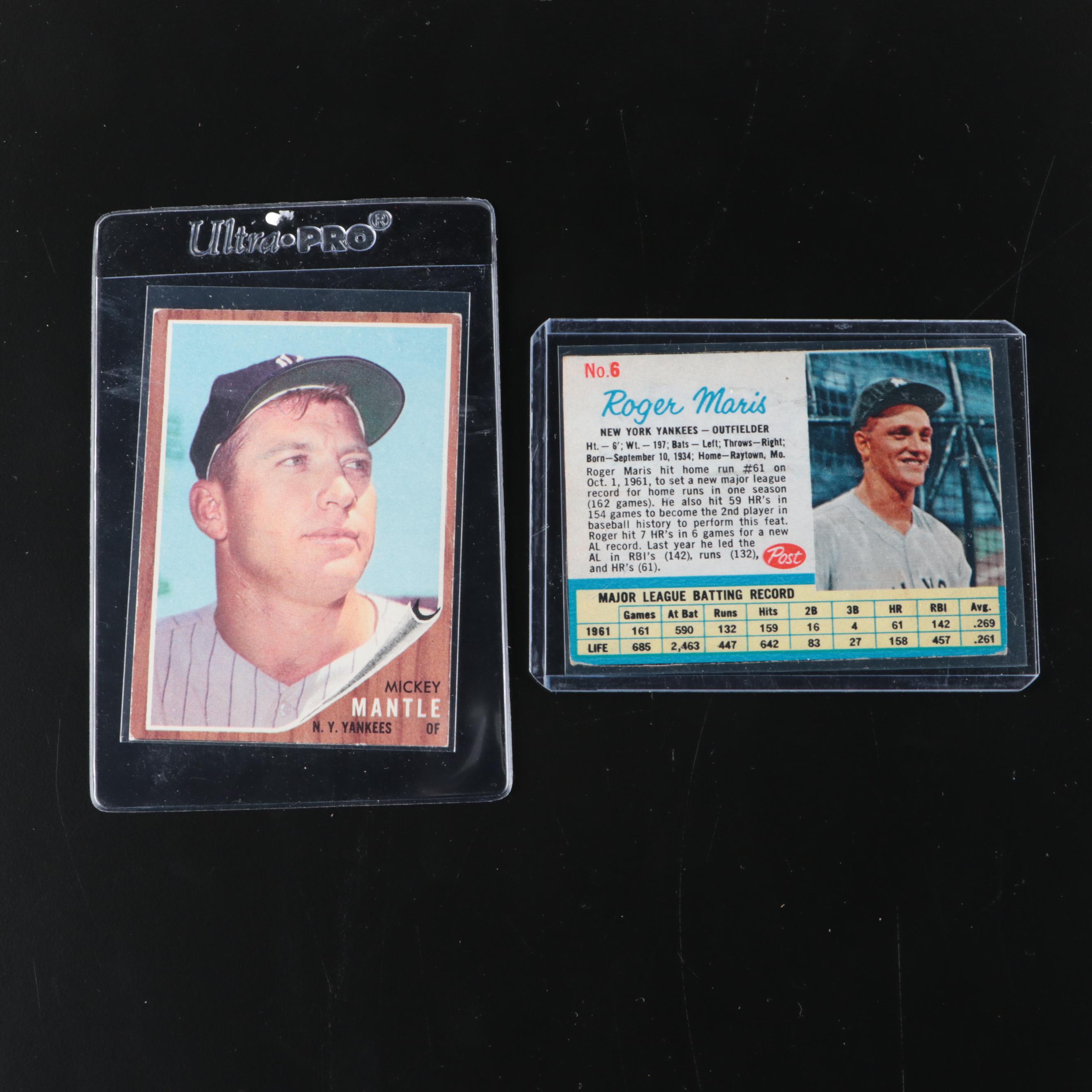 1962 Topps Mickey Mantle and 1962 Post Cereal Roger Maris Baseball Cards