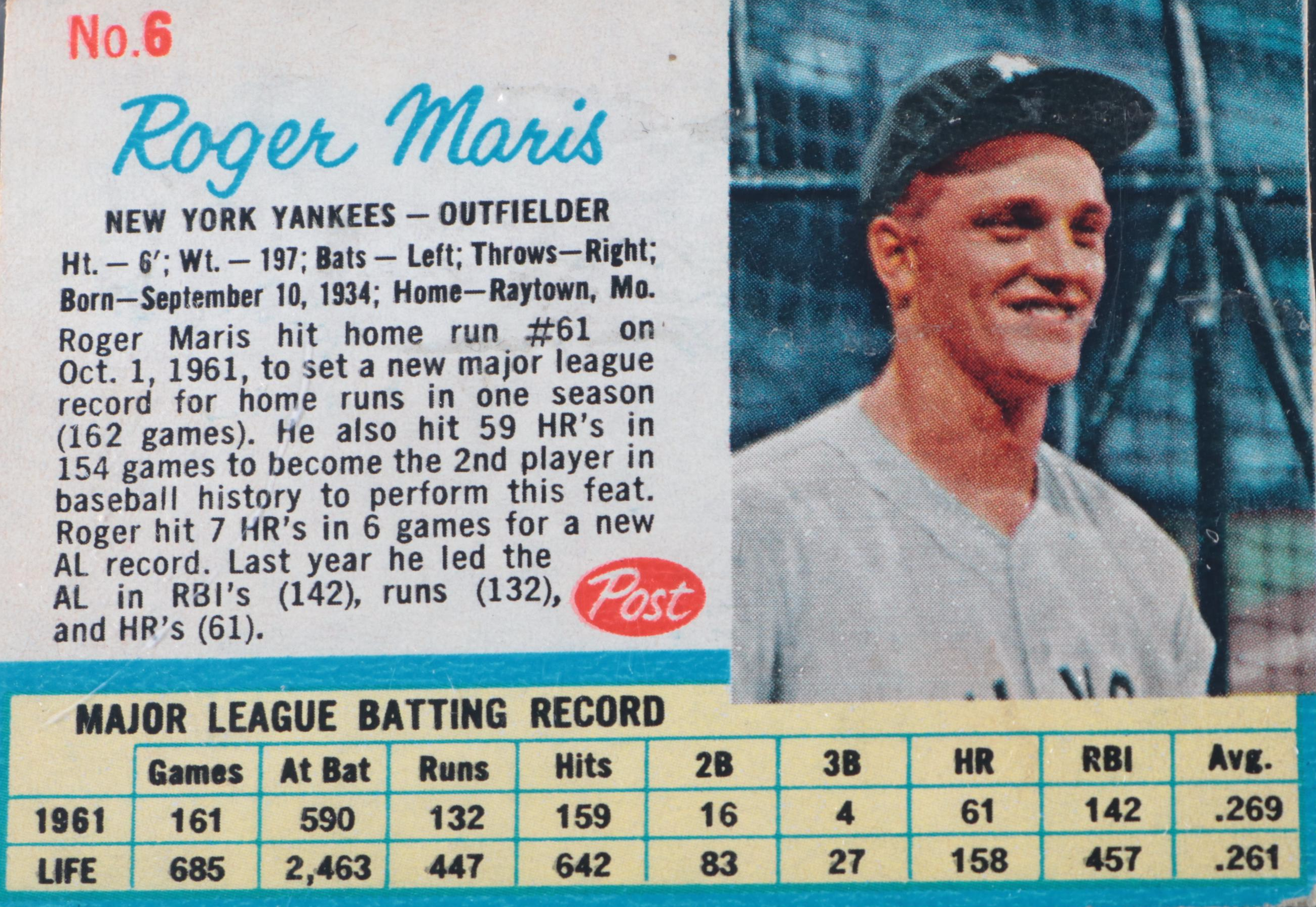 1962 Topps Mickey Mantle and 1962 Post Cereal Roger Maris Baseball Cards