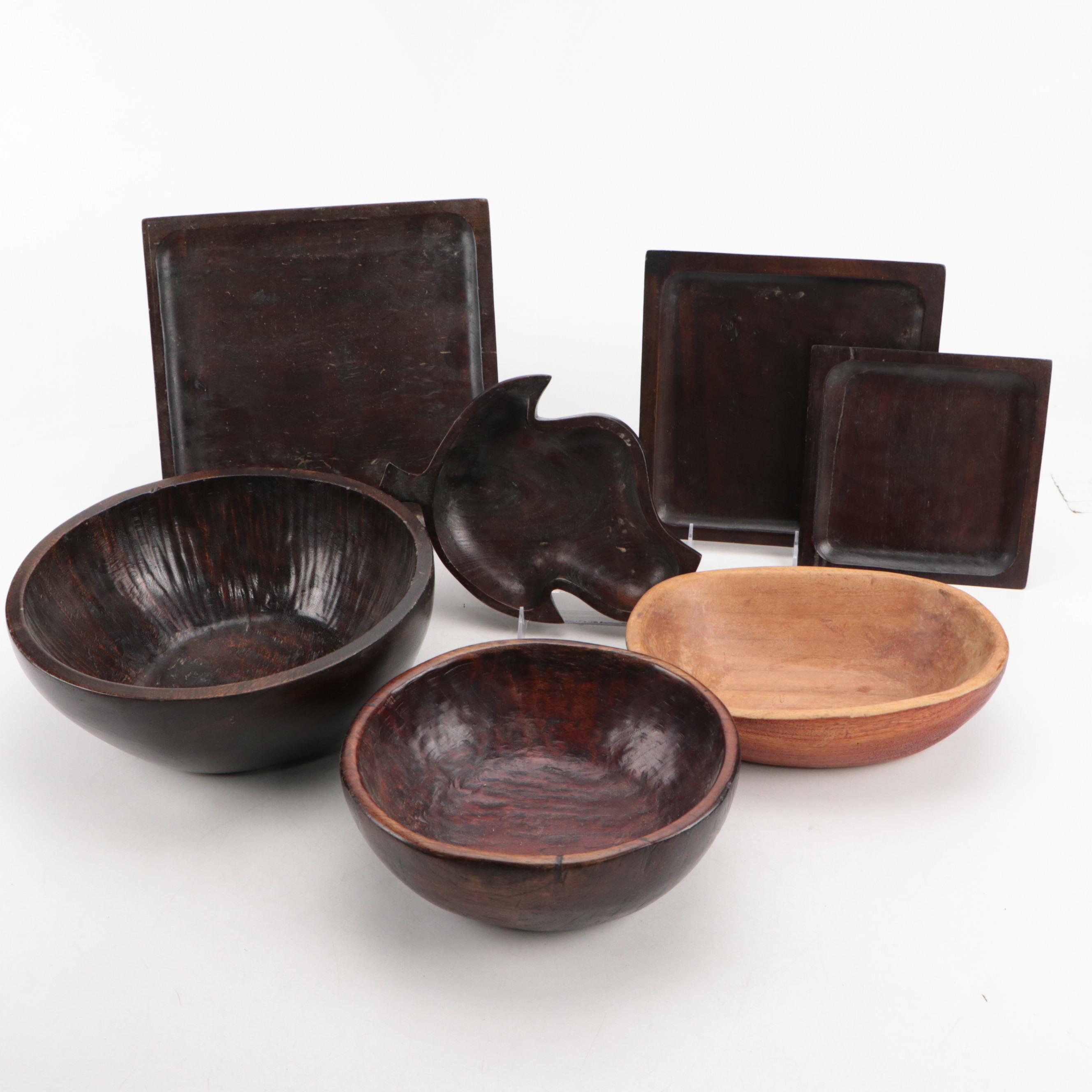 Lester Clarke and Other Wooden Serving Bowls and Tray, Mid to Late 20th Century
