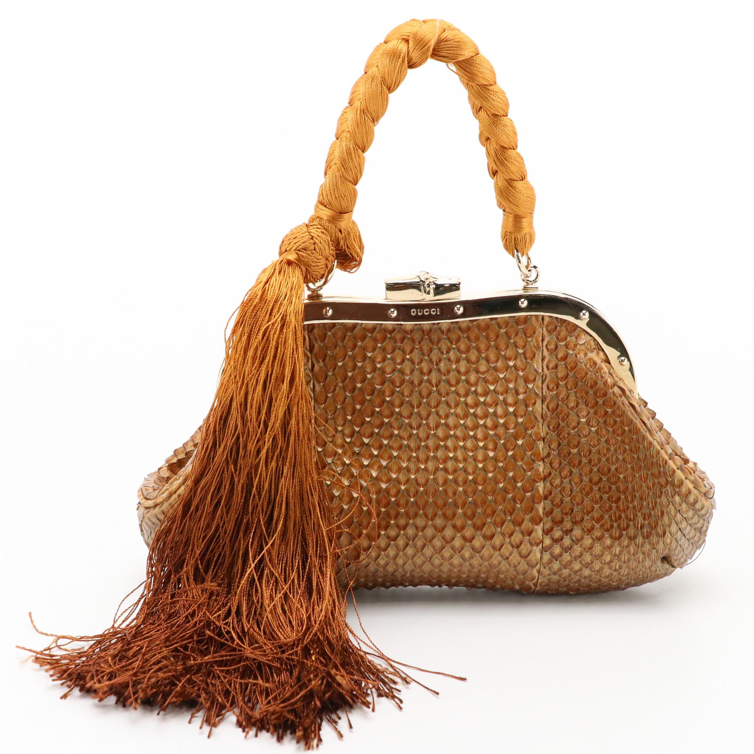 Gucci Metallic Snakeskin Metal Frame Clutch with Braided Handle and Tassel