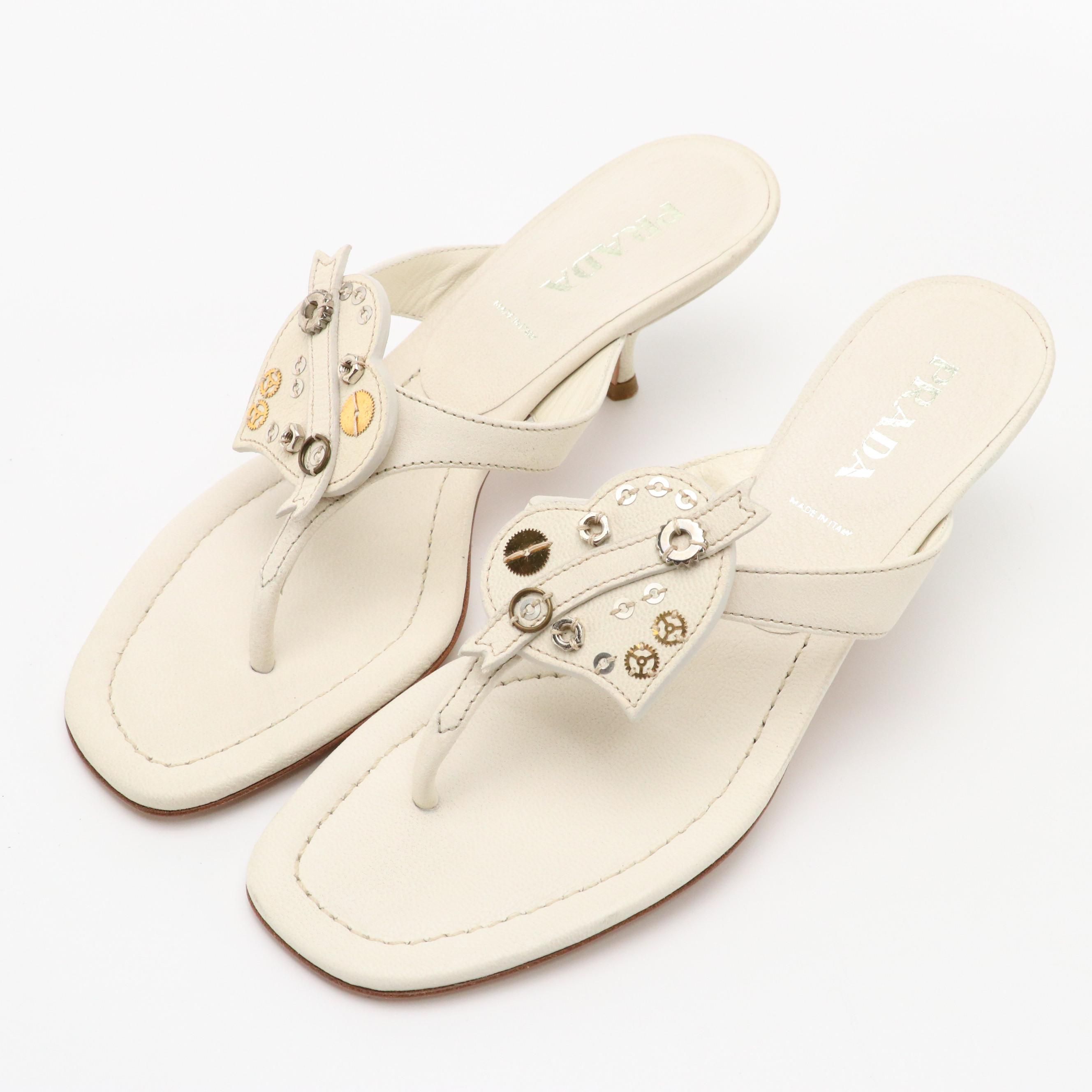 Prada Embellished Heart Leather Thong Sandals with Box