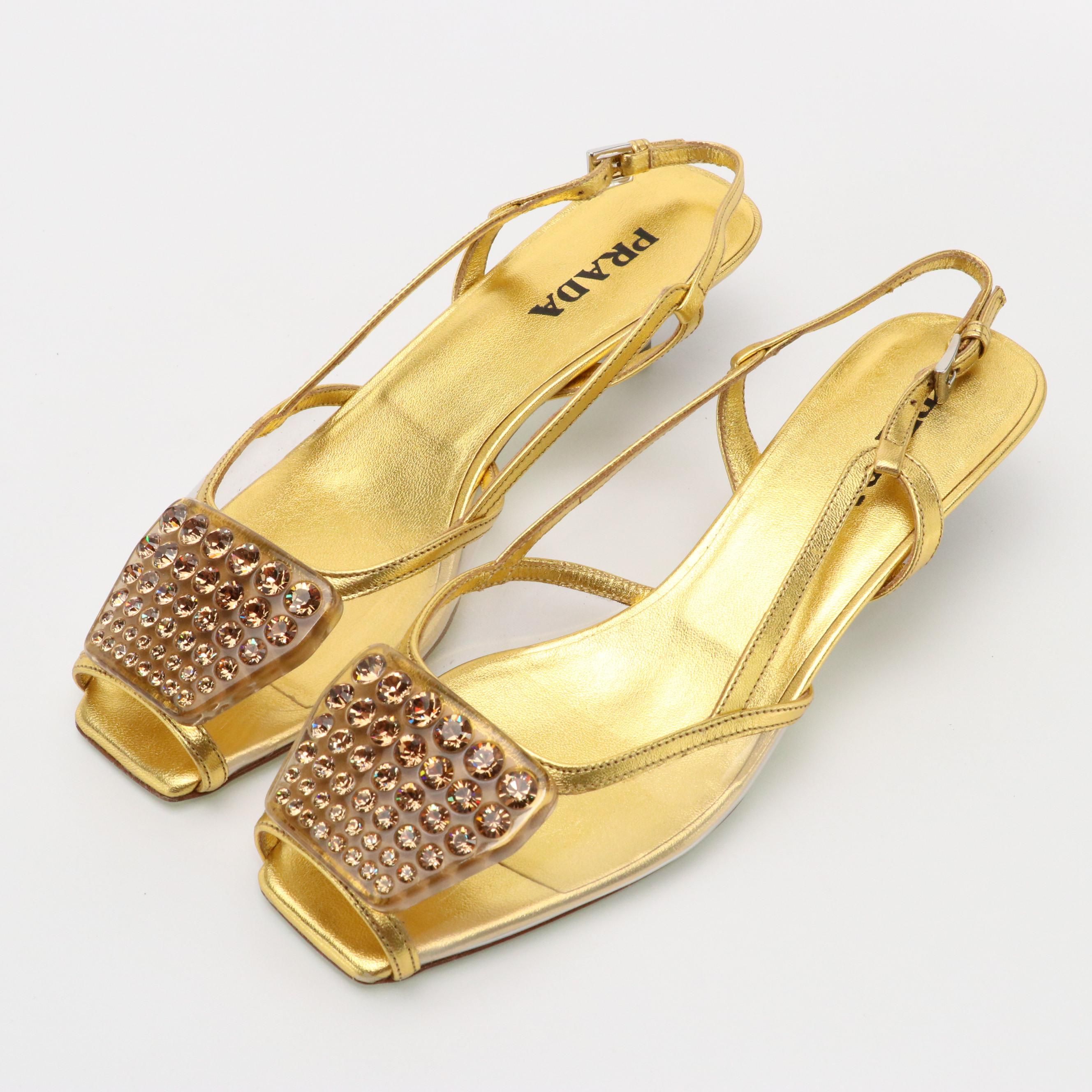 Prada Crystal Embellished Gold Metallic Leather and Vinyl Slingbacks with Box