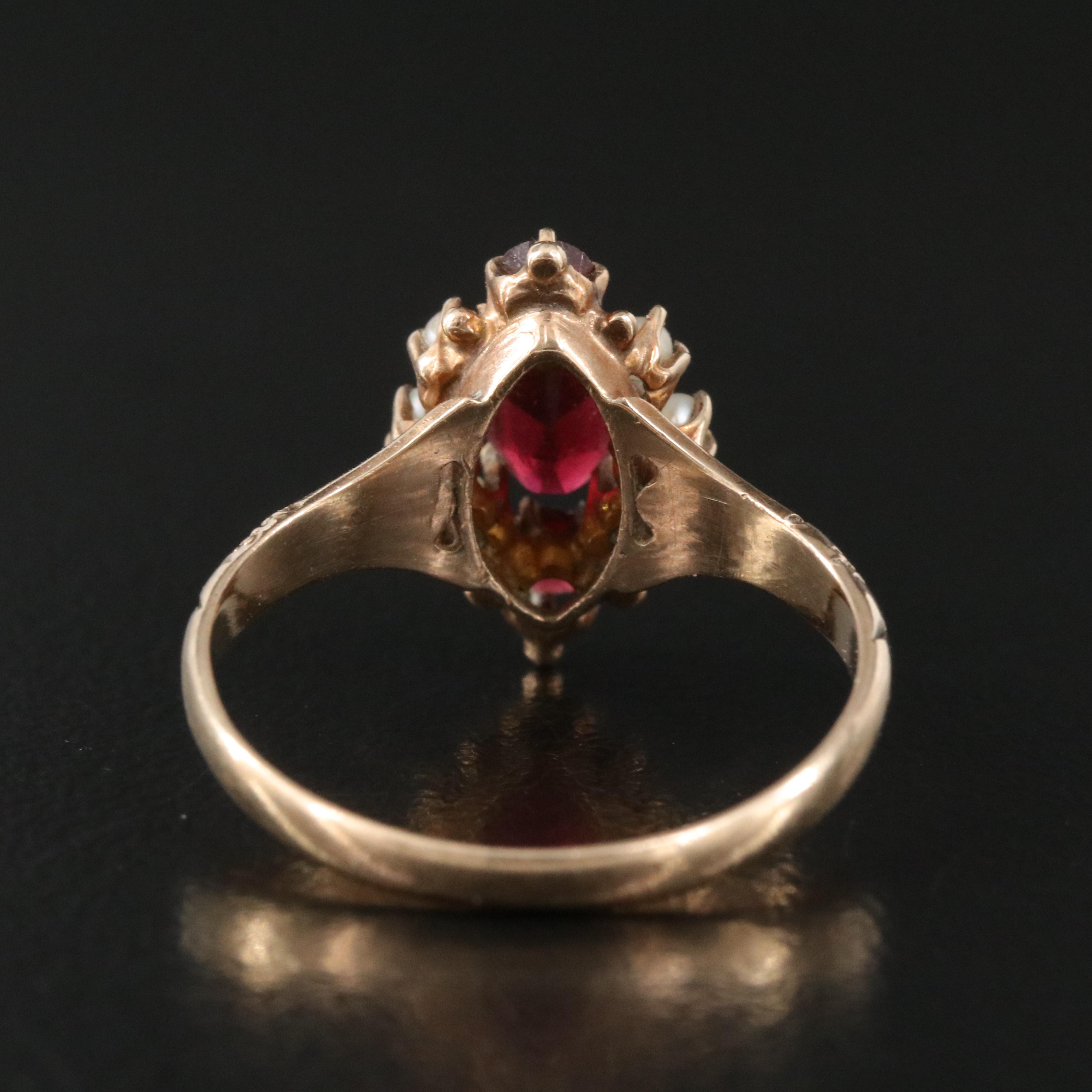 Victorian 9K Rose Gold Garnet Glass Doublet and Seed Pearl Navette Ring