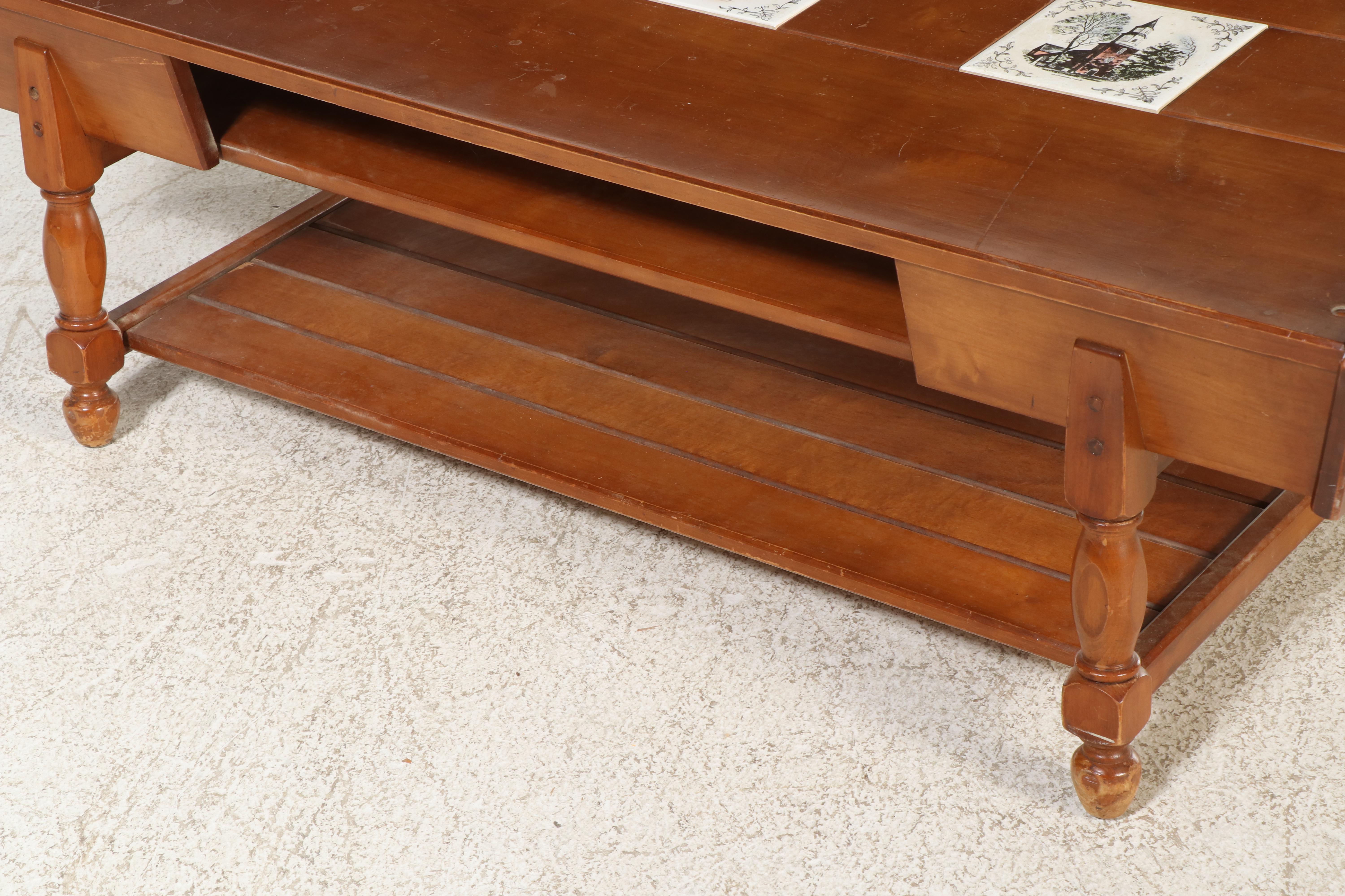 American Colonial Style Maple and Ceramic Tile Coffee Table