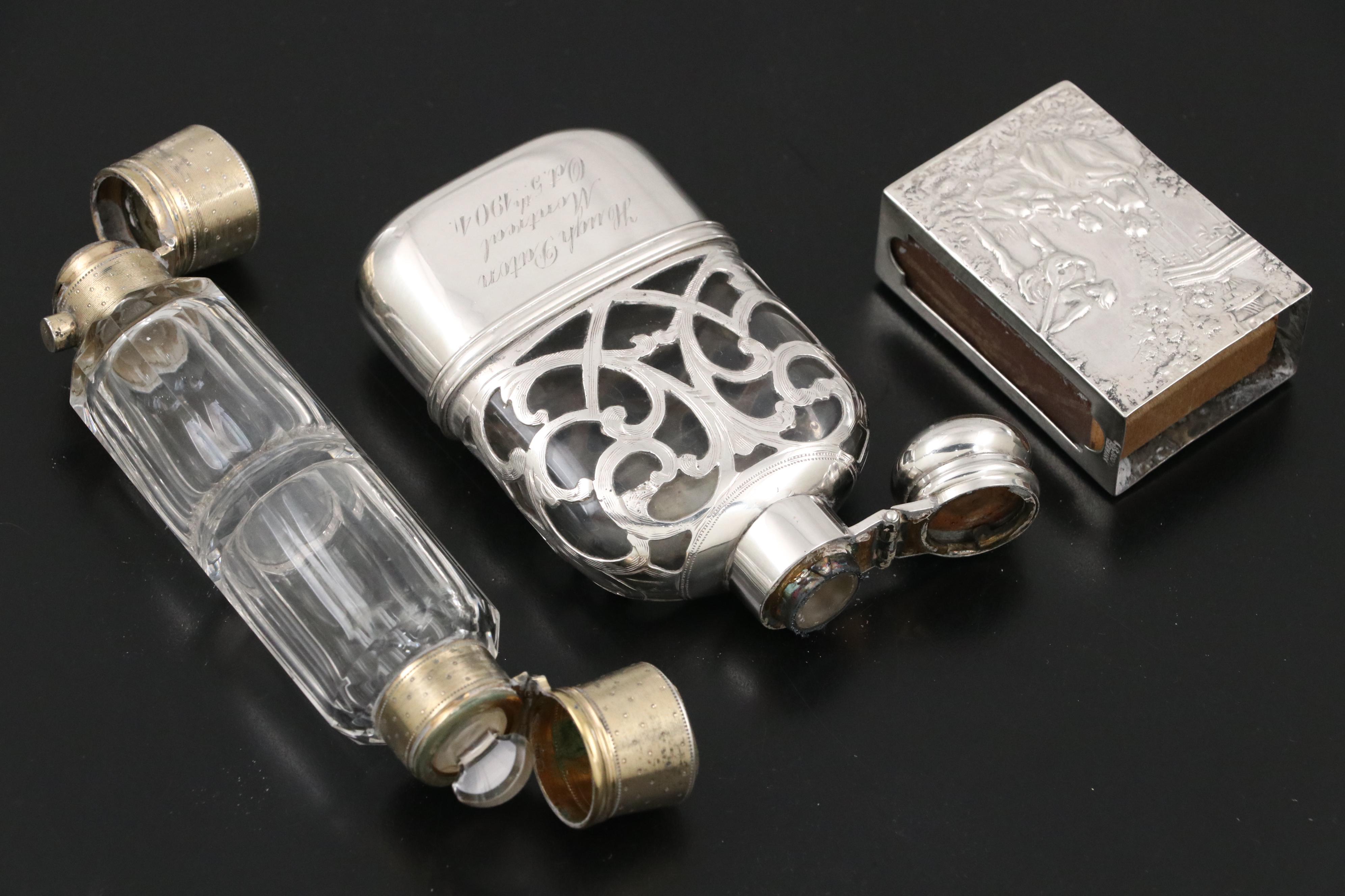 Edwardian Sterling Silver Overlay with Other Perfume Bottles and Accessories