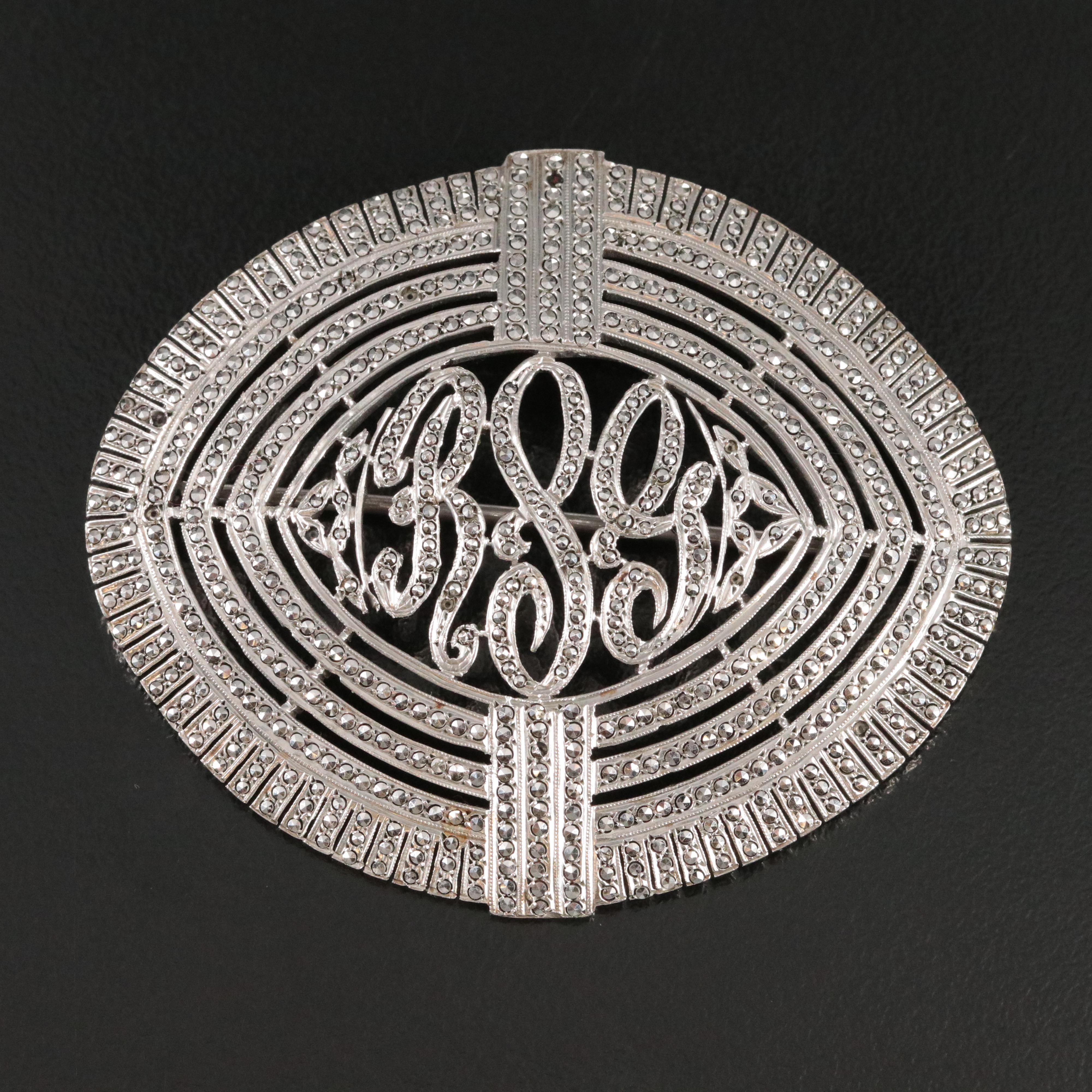 Vintage Sterling Initial Steel Cut Brooch