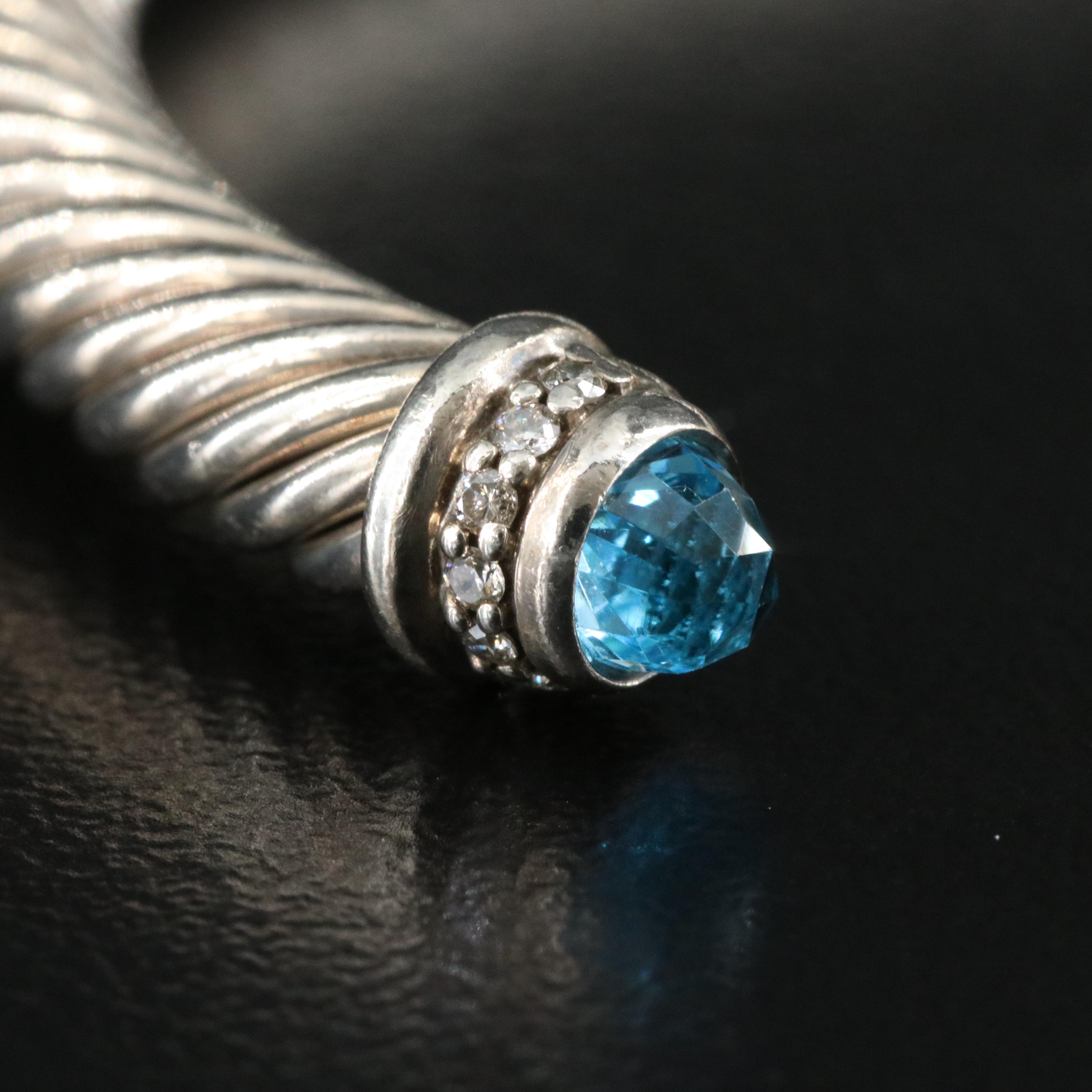 David Yurman Sterling and Blue Topaz Classic Cable Cuff Bracelet