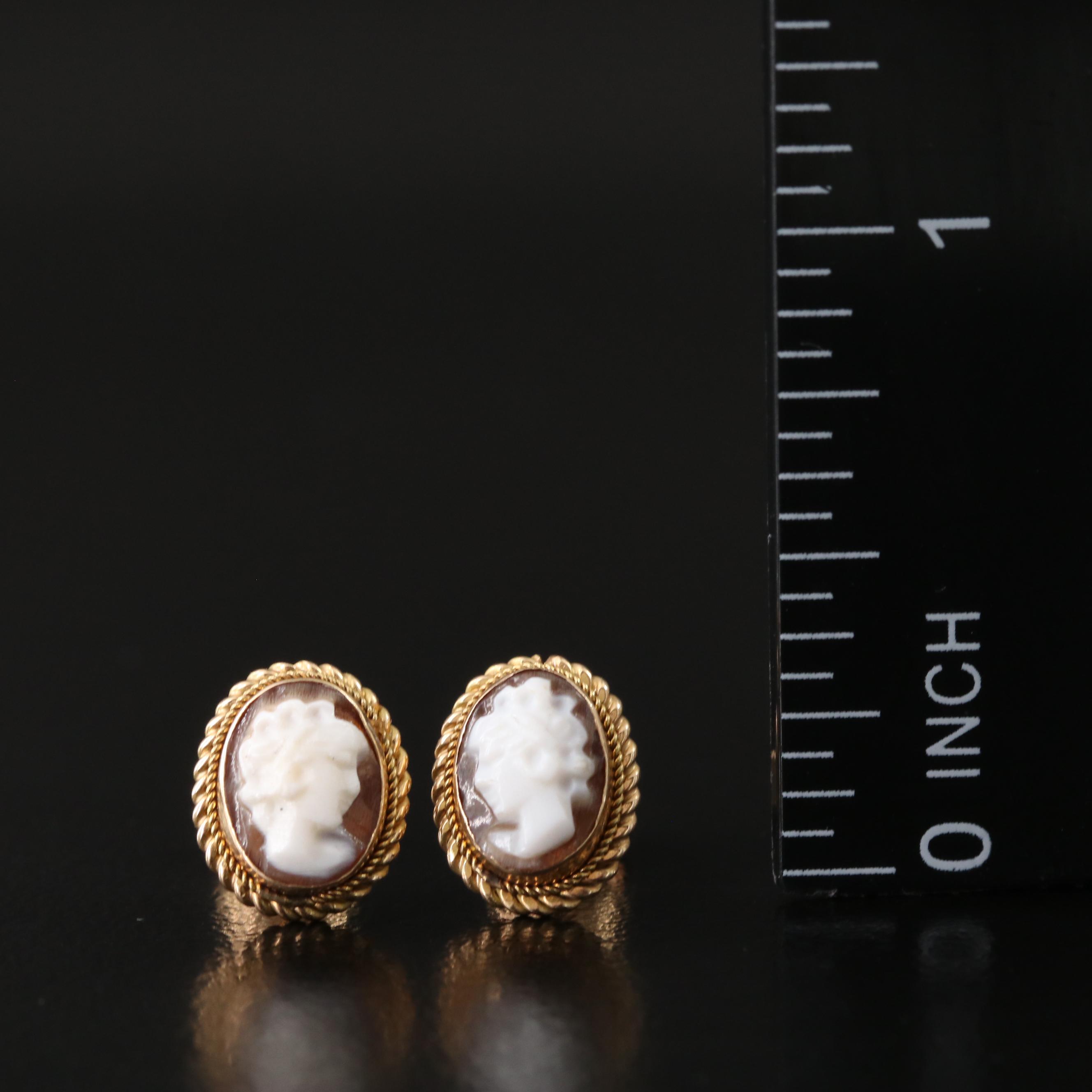 18K Carved Shell Cameo Stud Earrings