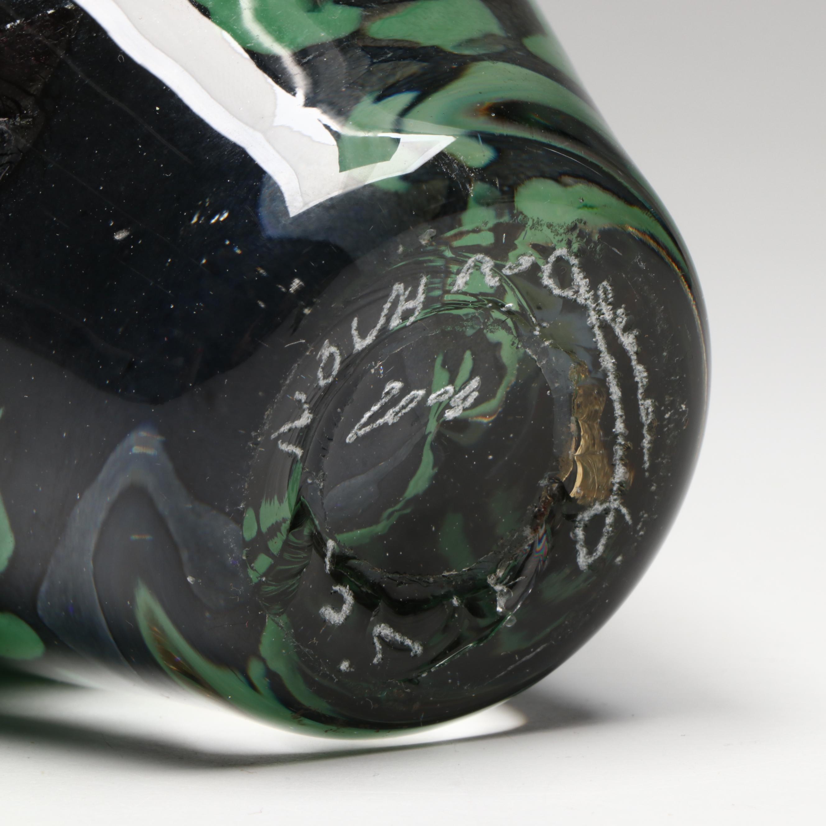 Jean-Claude Novaro Gold Foil and Emerald Art Glass Bottle, 2004