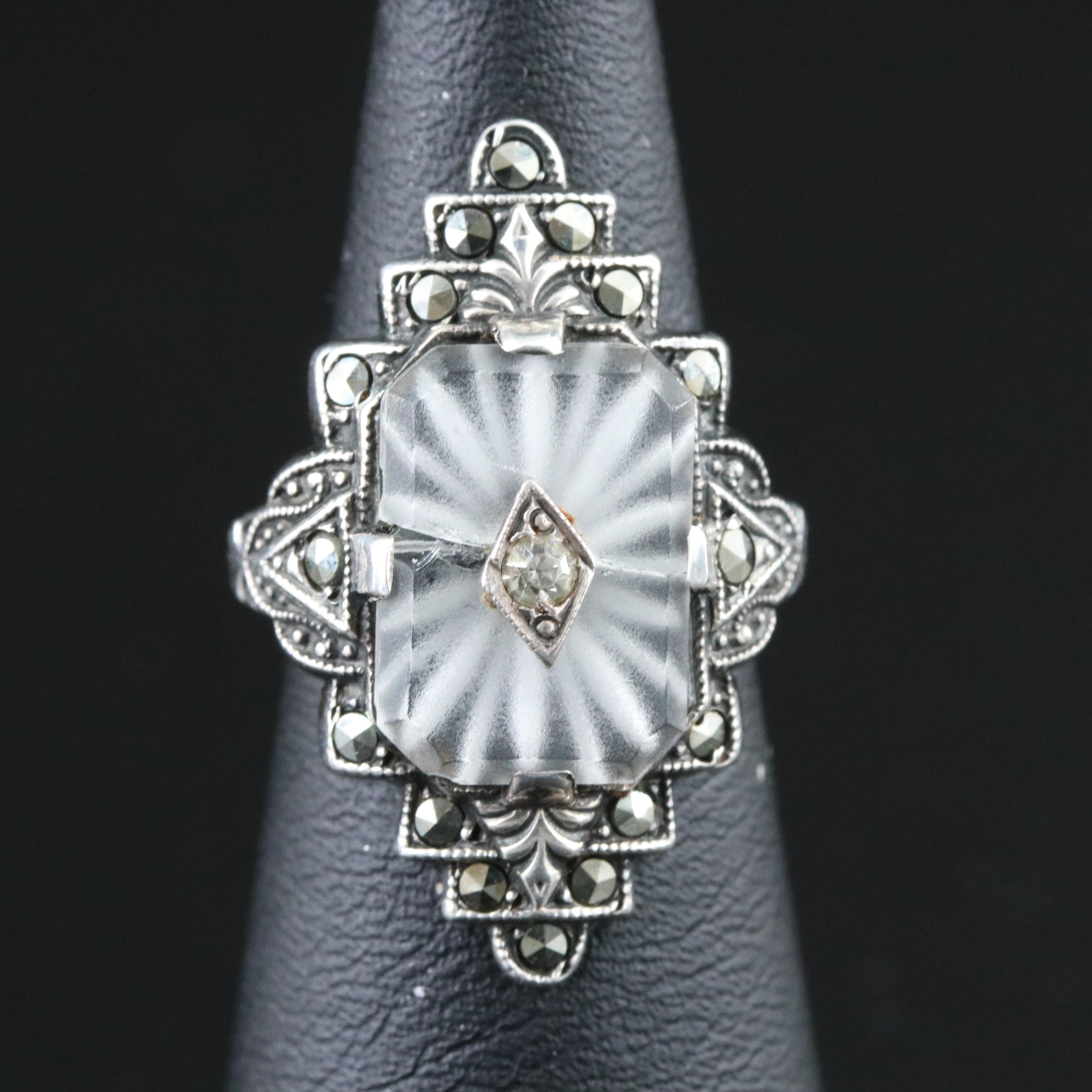 Vintage Sterling Camphor Glass, Marcasite and Rhinestone Ring