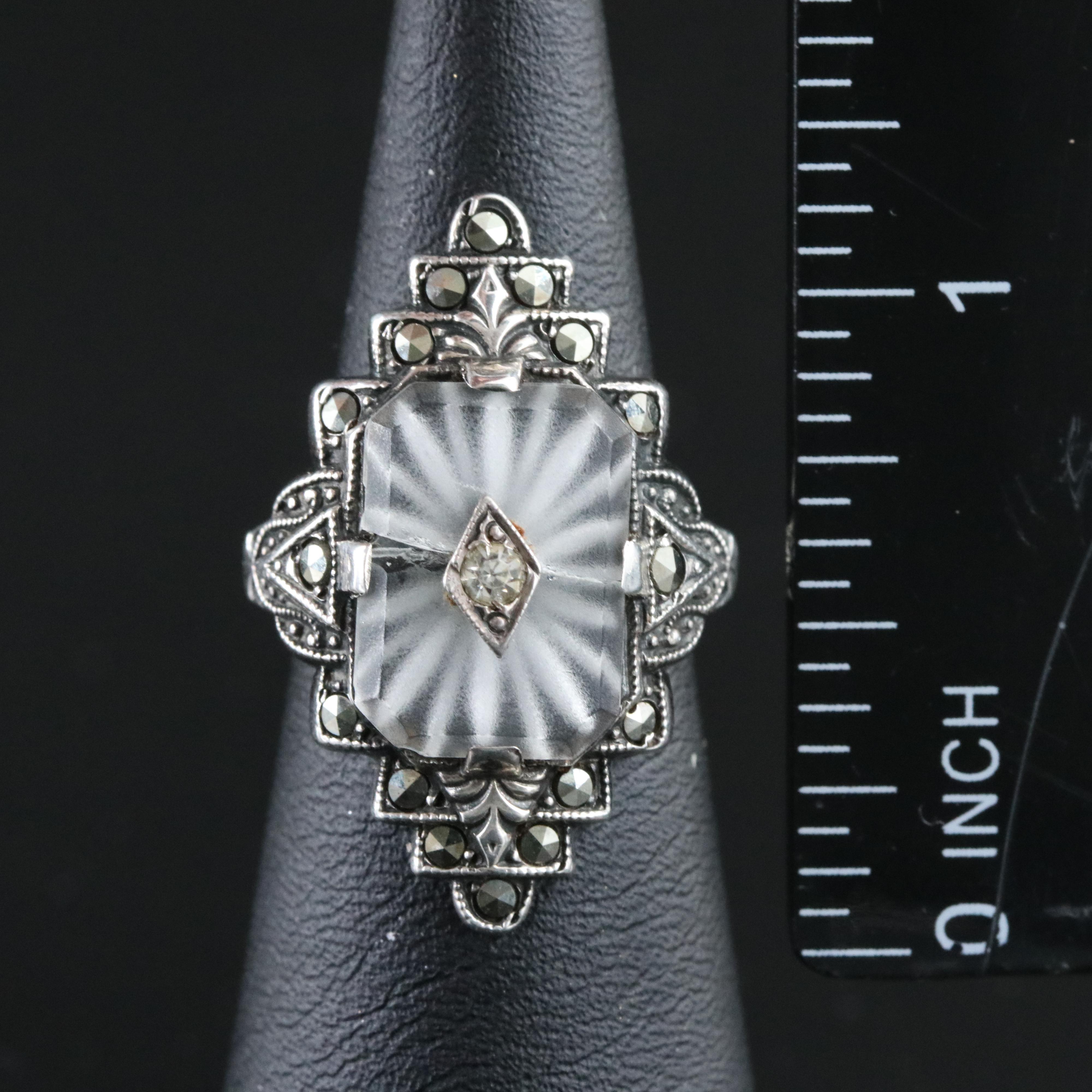 Vintage Sterling Camphor Glass, Marcasite and Rhinestone Ring
