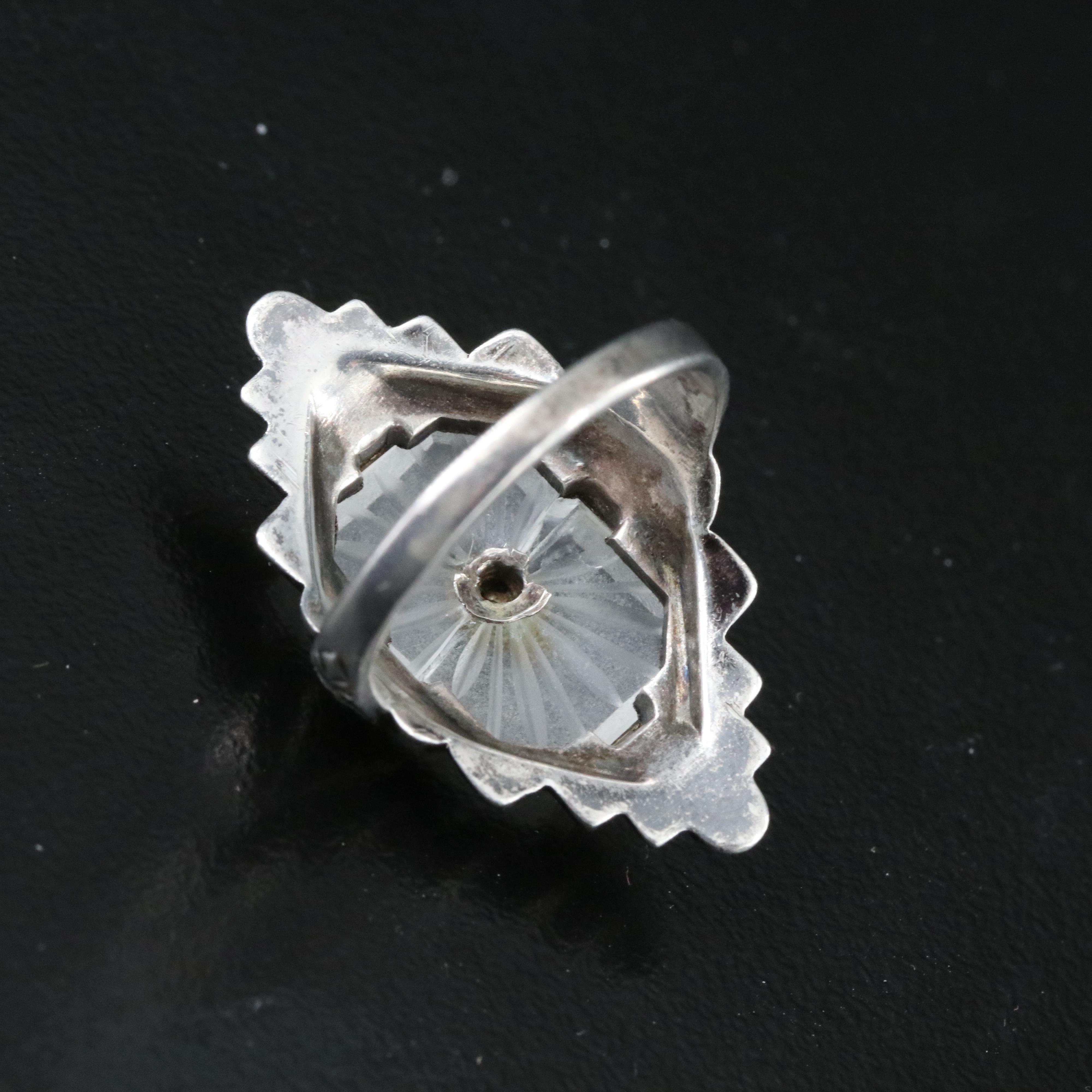 Vintage Sterling Camphor Glass, Marcasite and Rhinestone Ring