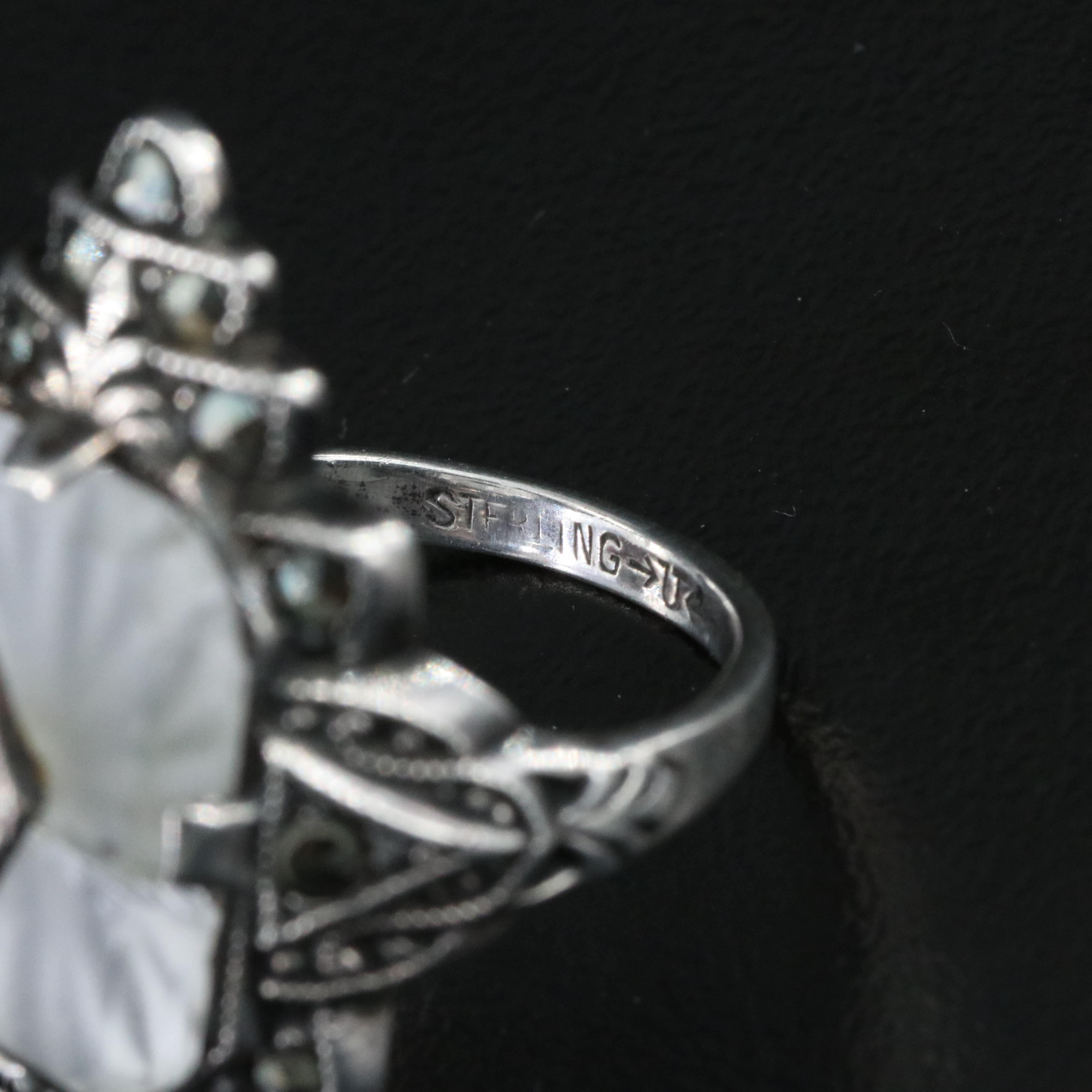 Vintage Sterling Camphor Glass, Marcasite and Rhinestone Ring