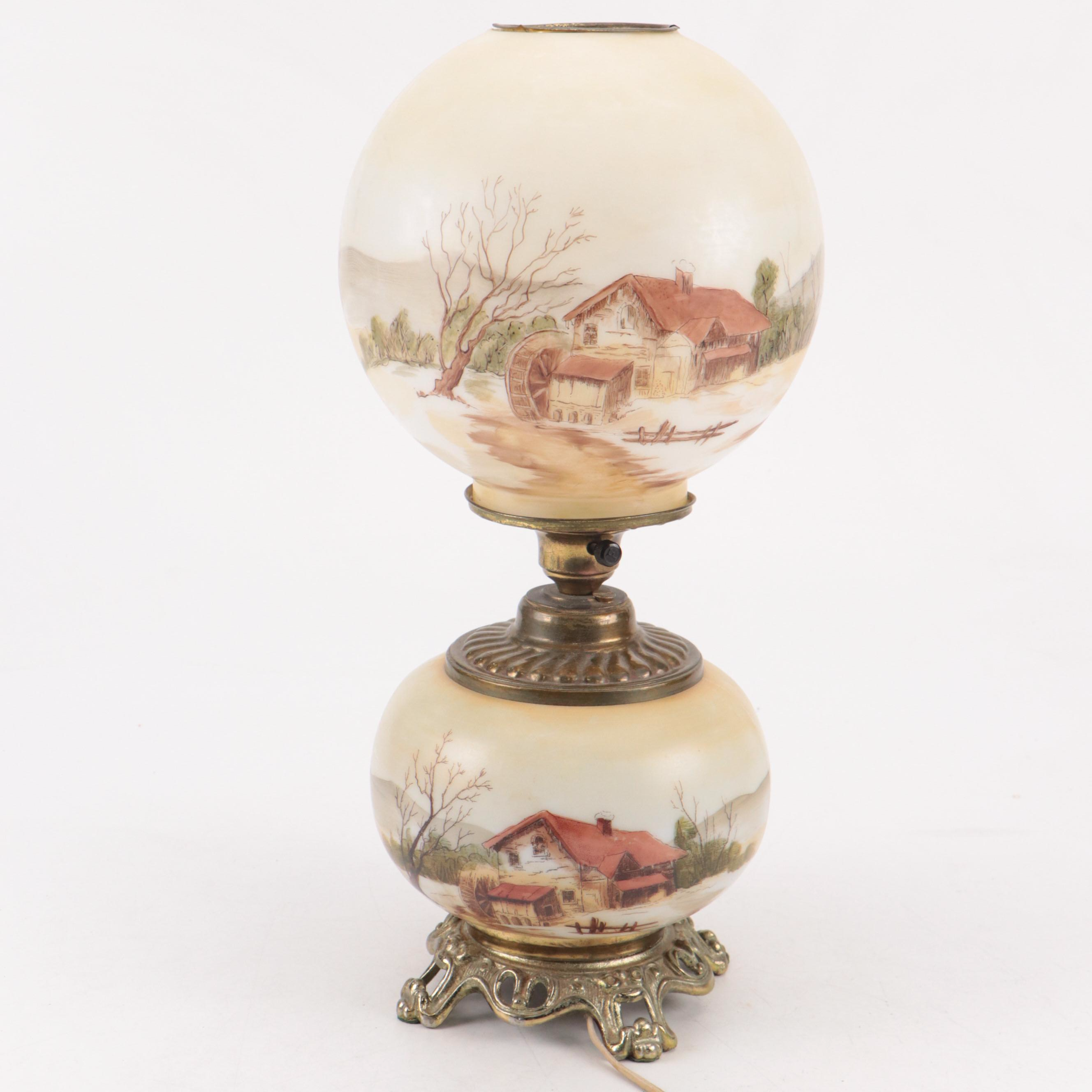 Victorian Style Farmstead Genre Hand-Painted Milk Glass Globe Lamp, 20th C.