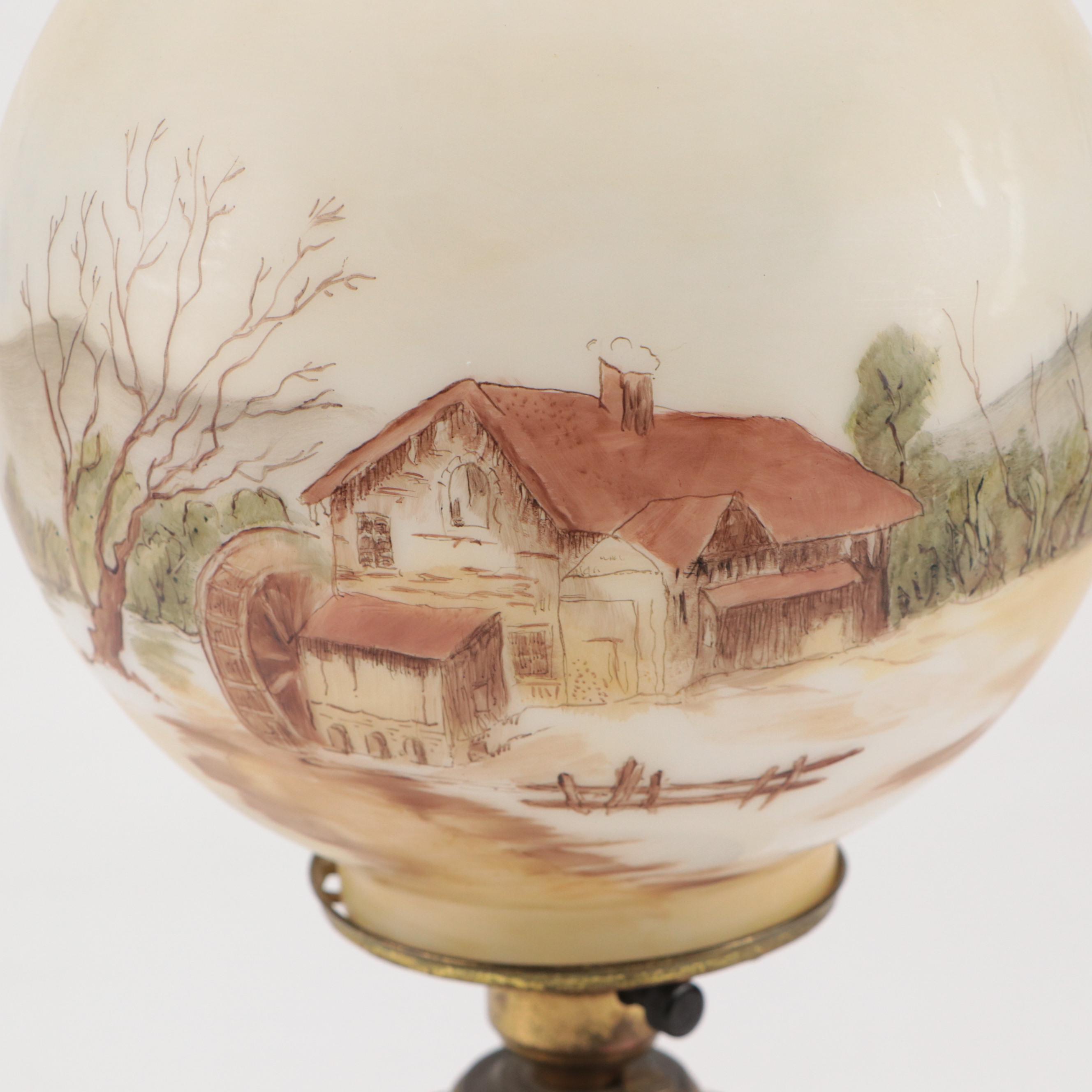Victorian Style Farmstead Genre Hand-Painted Milk Glass Globe Lamp, 20th C.