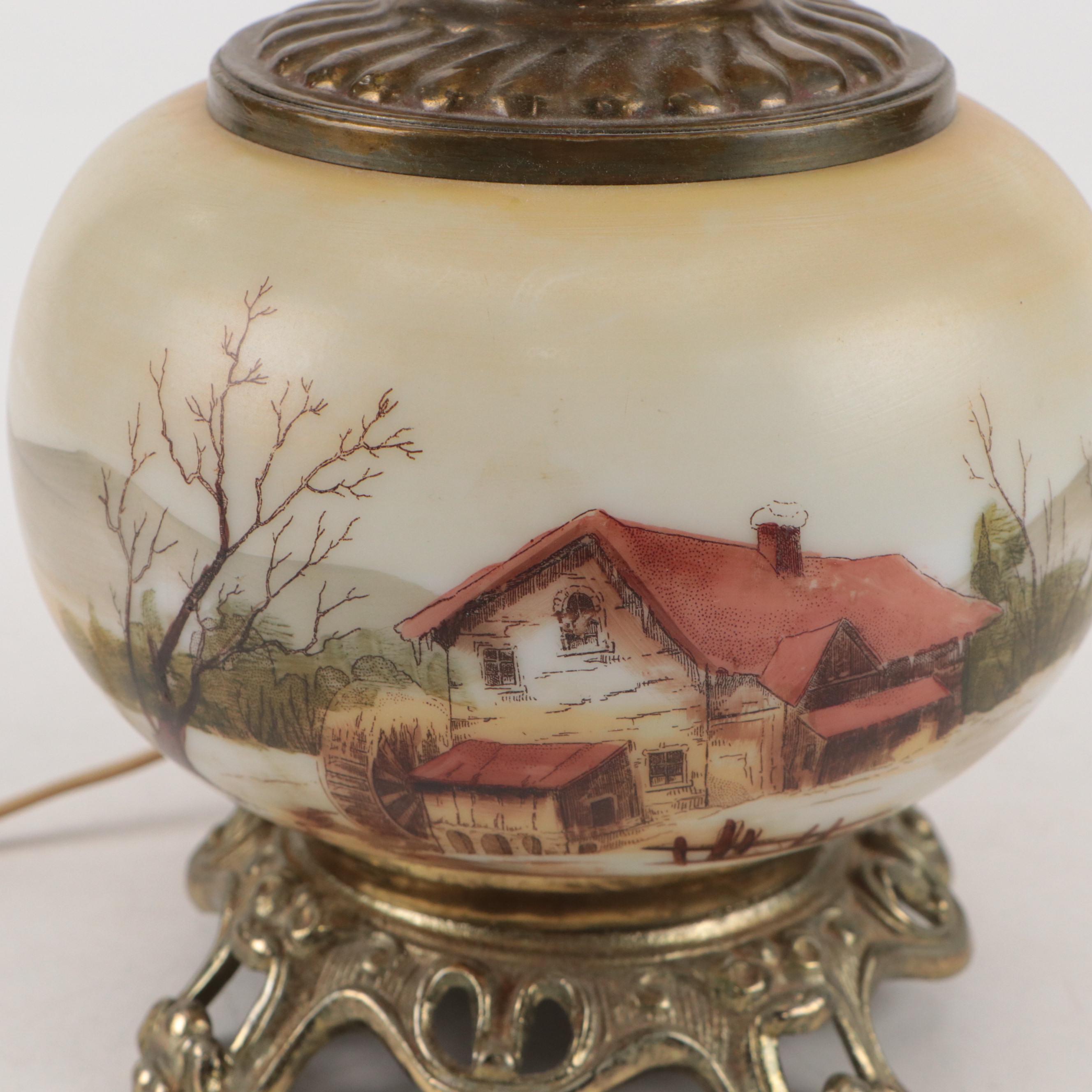 Victorian Style Farmstead Genre Hand-Painted Milk Glass Globe Lamp, 20th C.
